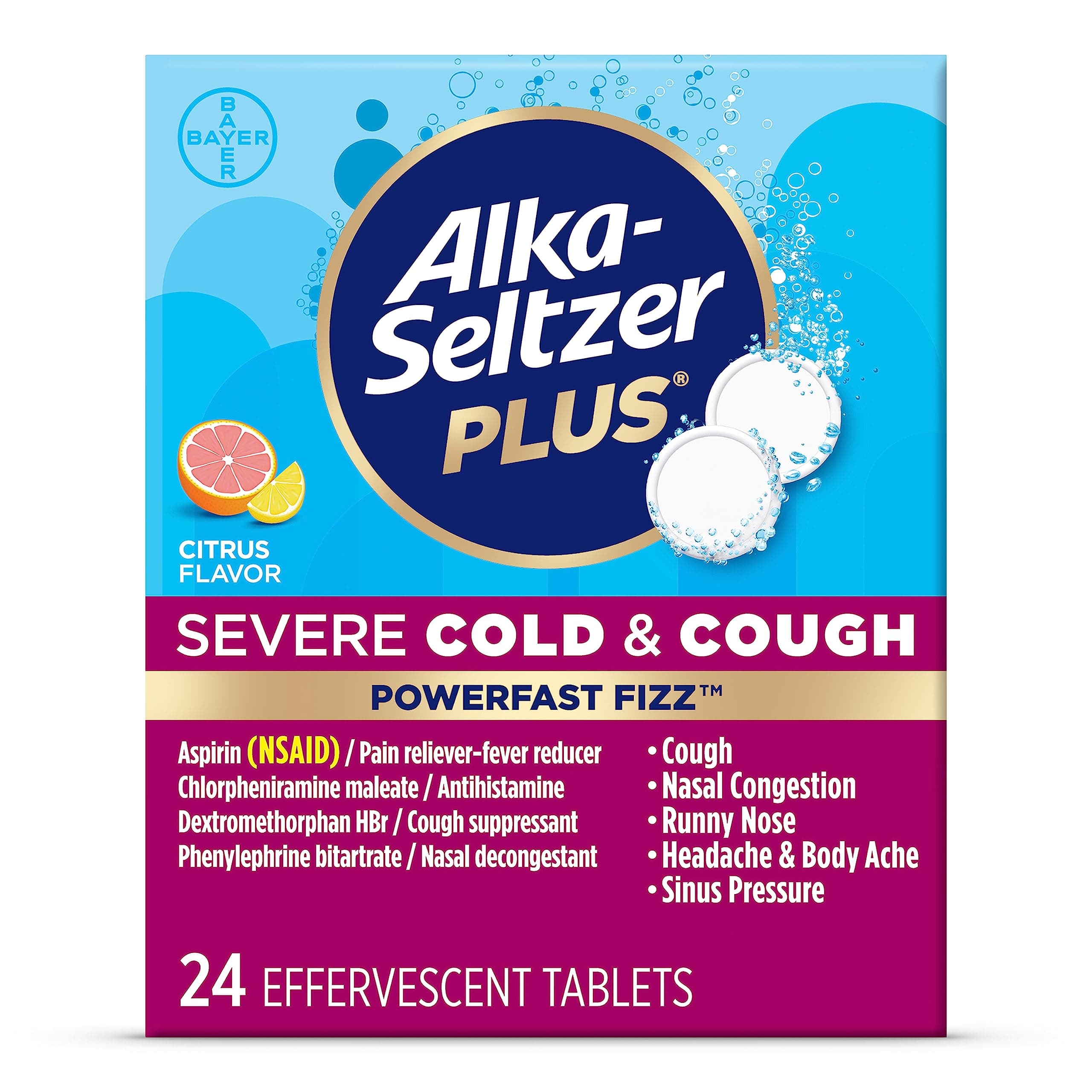 Alka-Seltzer Plus Severe,Cold & Cough Medicine for Adults,PowerFast Fizz Citrus Effervescent Tablets,Fast Relief of Headache,Sore Throat,Cough,Nasal & Sinus Congestion 24 Count, Packaging May Vary