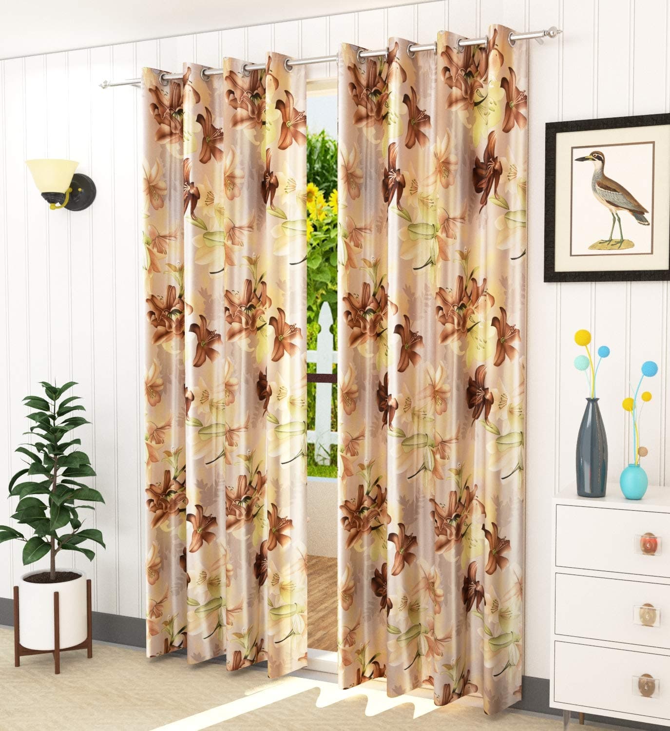 LaVichitra 2 Piece Premium Eyelet Window Curtains - 5 ft, Floral, Brown