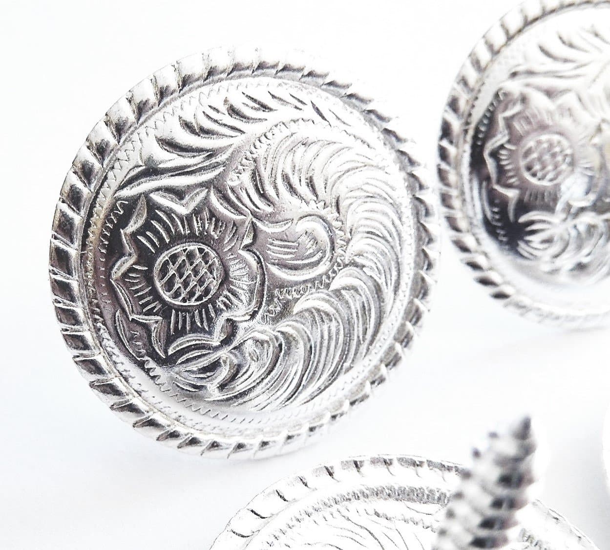 1" Set Of 4 Western Saddle Bright Engraved Concho Wood Screw Back