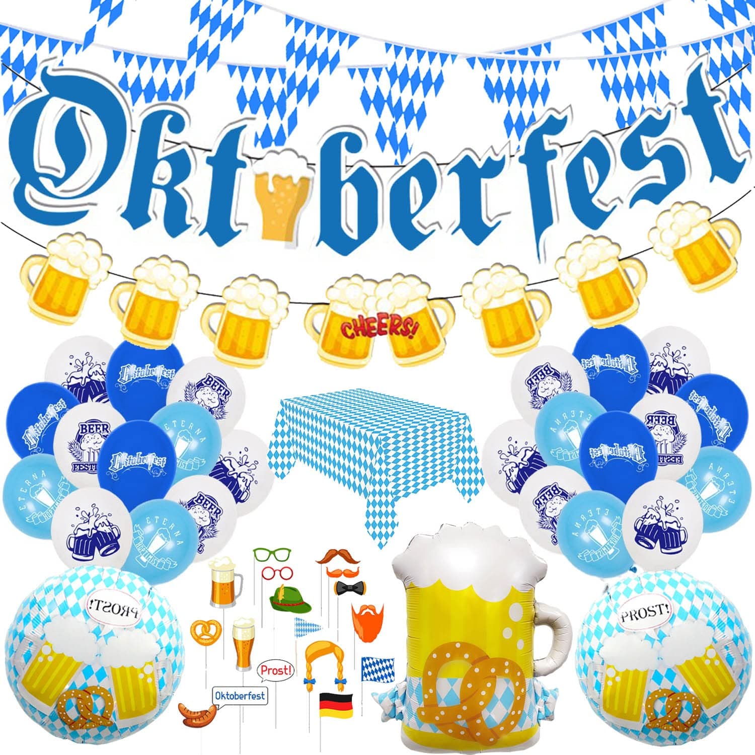 FullJoyHut Oktoberfest Decorations Kit, Octoberfest Party Supplies with Bunting Flags Bavarian Banner Pennant, Latex Foil Balloon, Tablecloth, Photo Booth for Oktoberfest Beer Party Decorations
