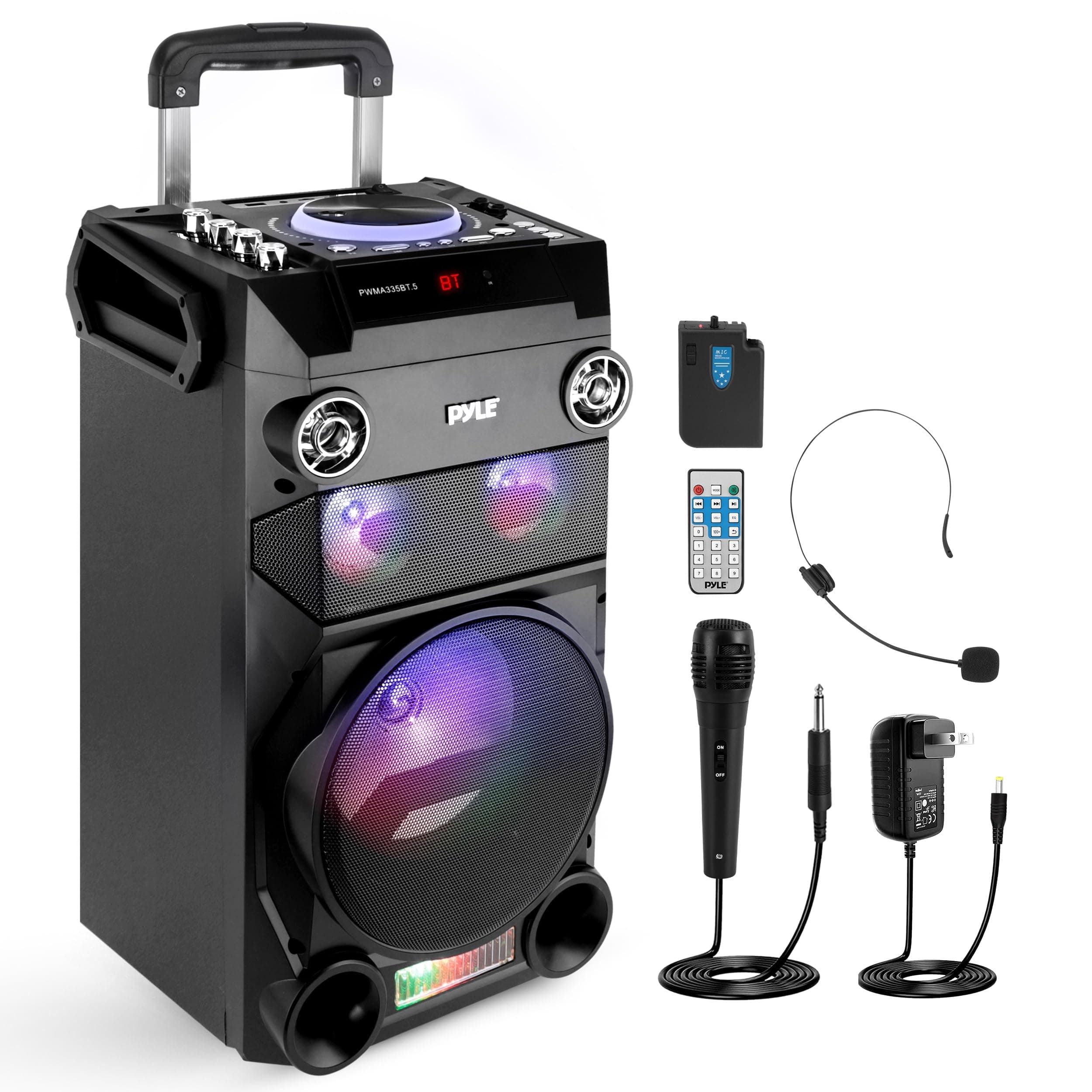 Pyle Portable Wireless Bluetooth Karaoke PA Loud Speaker - 8'' Subwoofer Sound System with DJ Lights, Rechargeable Battery, FM Radio, USB/Micro SD Reader, Microphone, Remote, Black