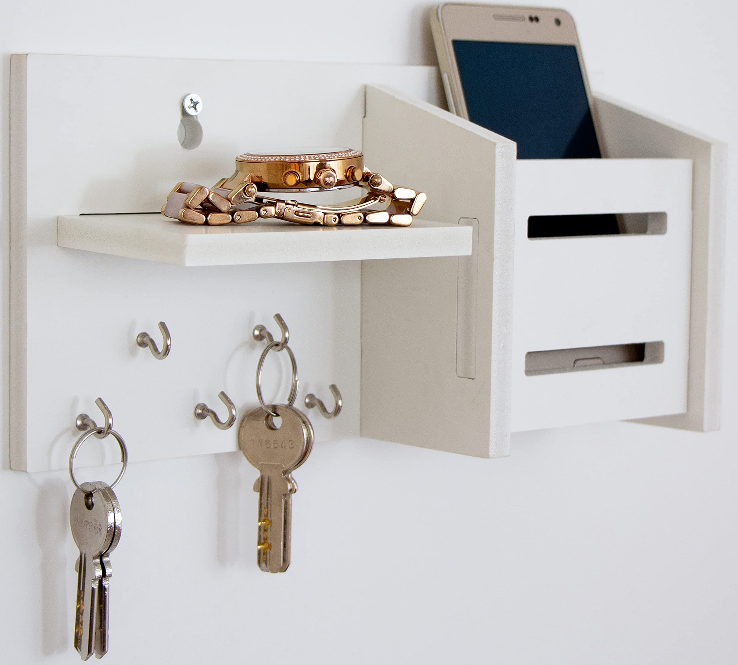 Wolpin Wall Shelves Designer Key Holder for Wall Stylish Multipurpose Shelf Organiser and Storage Racks ((Pack of 1 with 5 Keys Hooks), White(Polyvinyl Chloride)