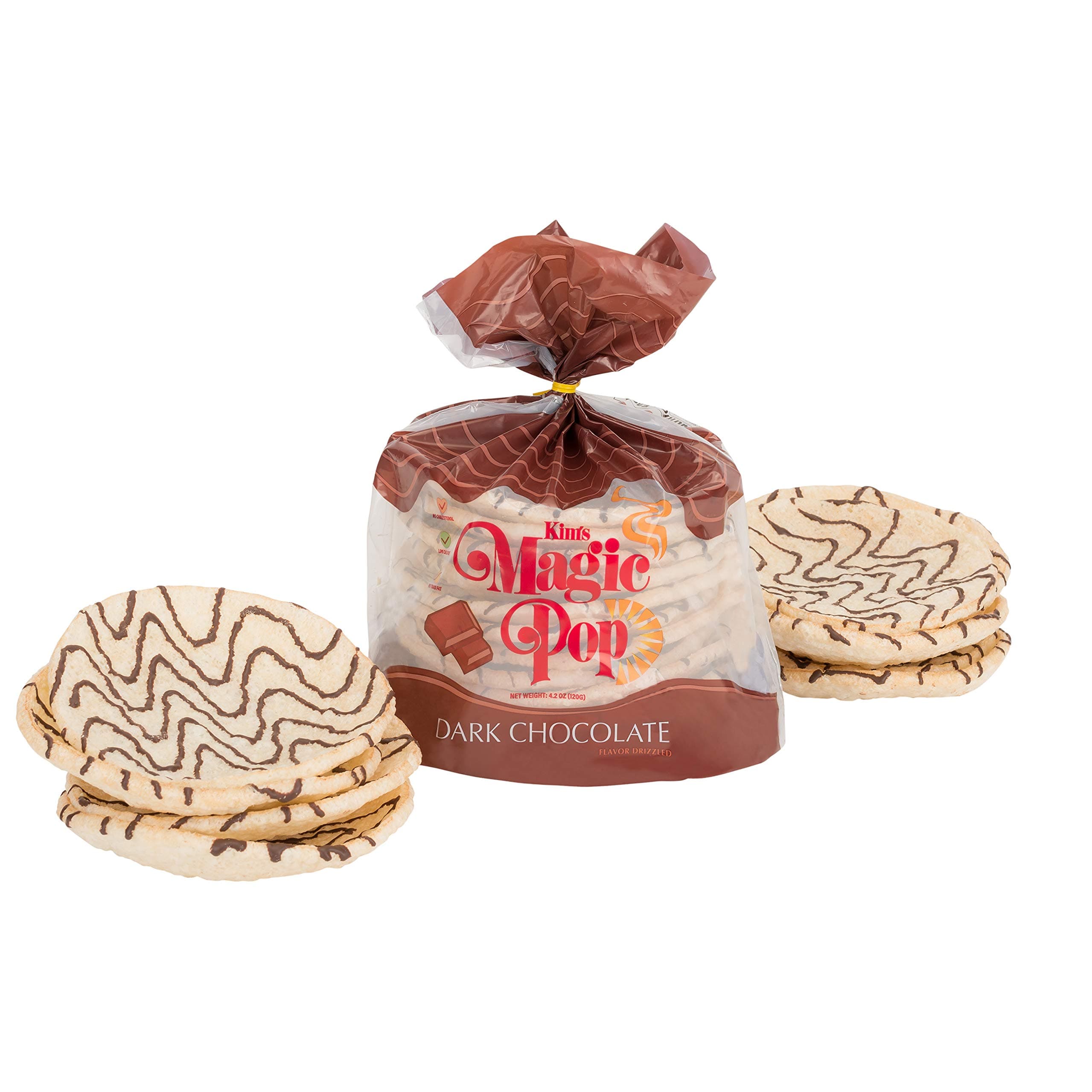 Kim's Magic Pop - Dark Chocolate Flavor Drizzled | 6 Bags | 12 Cakes per Bag | Low Carb, No Trans Fat, All Natural, Multigrain Korean Snack | Easy Bread, Chip, Cracker Replacement