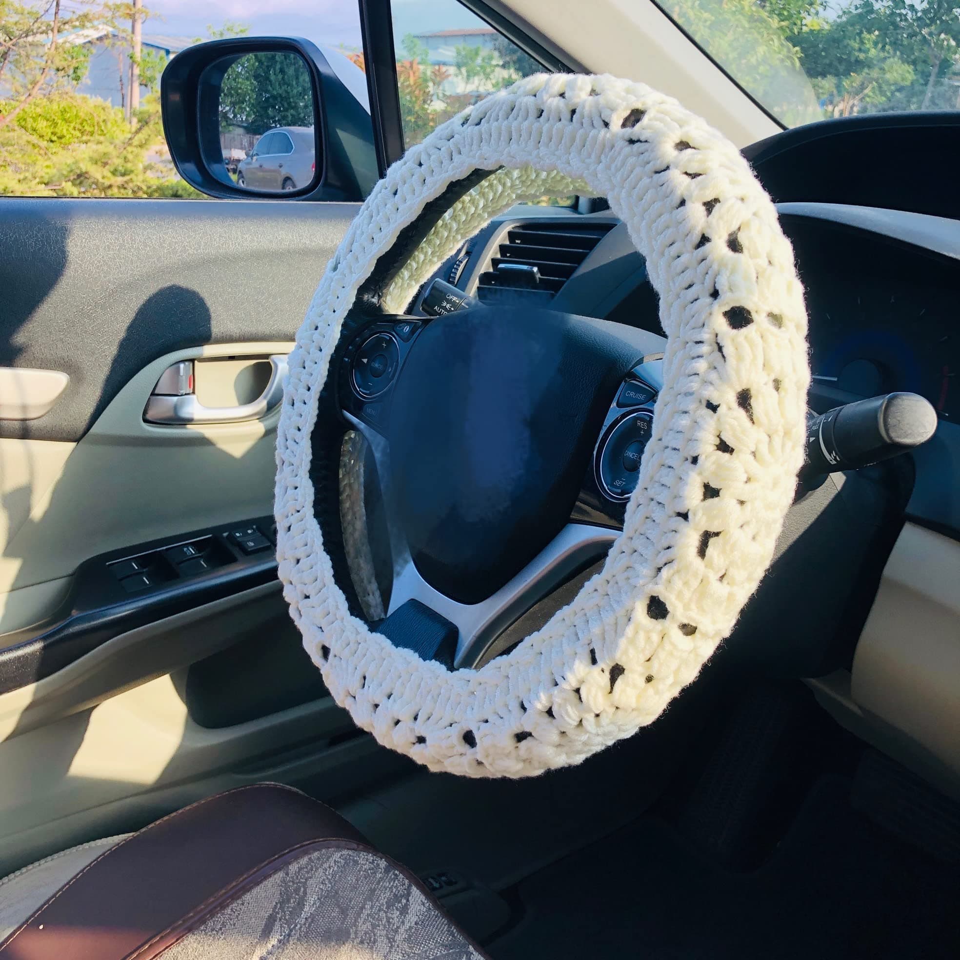 OnEternal Handmade Crochet Steering Wheel Cover White Simple Seat Belt Cover, Car Interior Accessories Decorations. (Steering Wheel Cover)