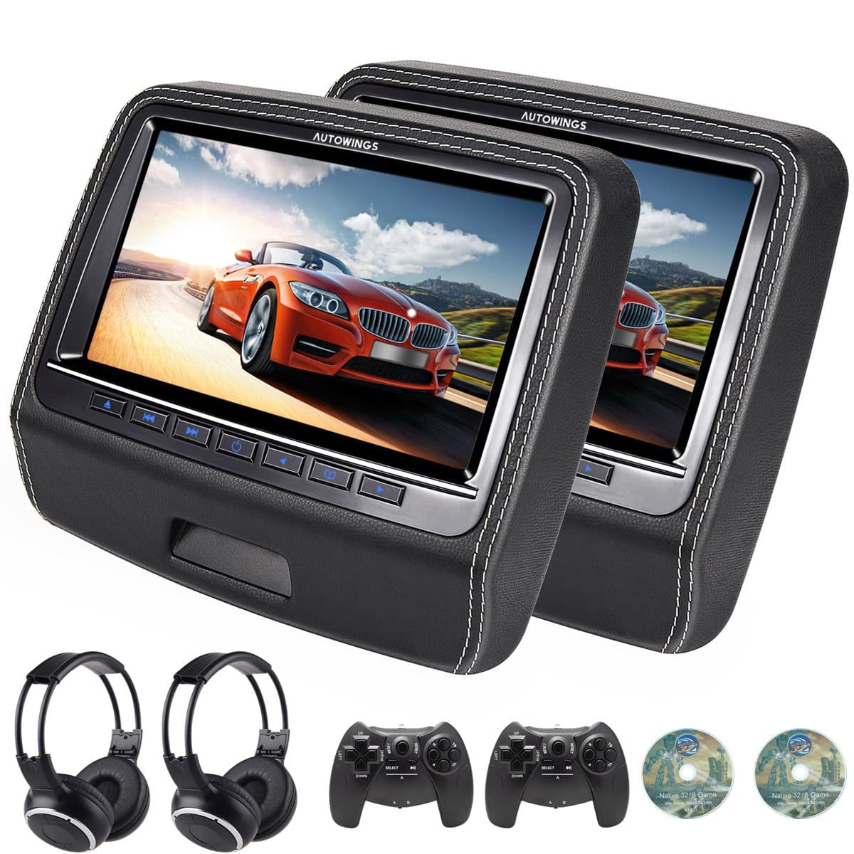 AUTOWINGS A-H9110B Car Headrest DVD Player 9 inch Screen Leather with USB HDMI FM Transmitter Game Disc Remote IR Headphone Black Pack of 2