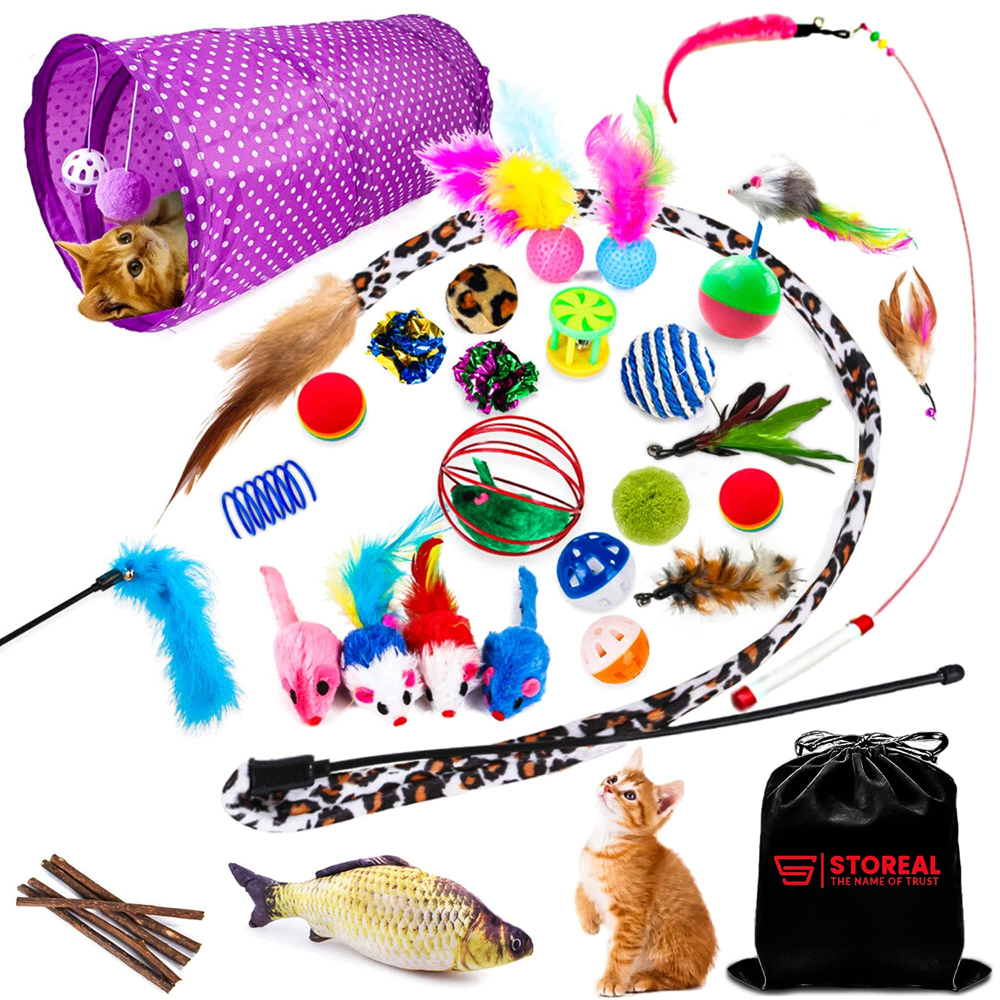 STOREAL 33 Pcs Cat Toys Set, Kitten Toys Assortments, 2 Way Tunnel For Indoor Cats, Catnip Fish, 2 Interactive Teaser Wand With 4 Feathers, Fluffy Mouses And Much More, Springs Toys For Cat Puppy