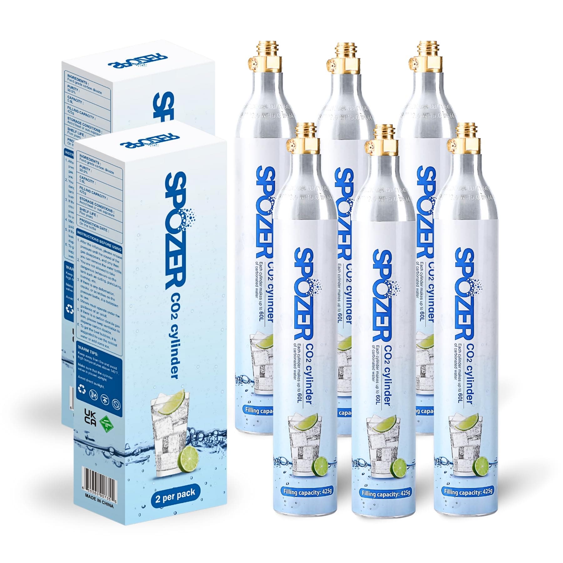 60L CO2 Cylinder for SodaStream, CO2 Canister Threaded Cylinders Compatible w/All Threaded 'Screw-In' Soda Makers, FIZZ, ONE TOUCH, JET, etc. - Set of 6