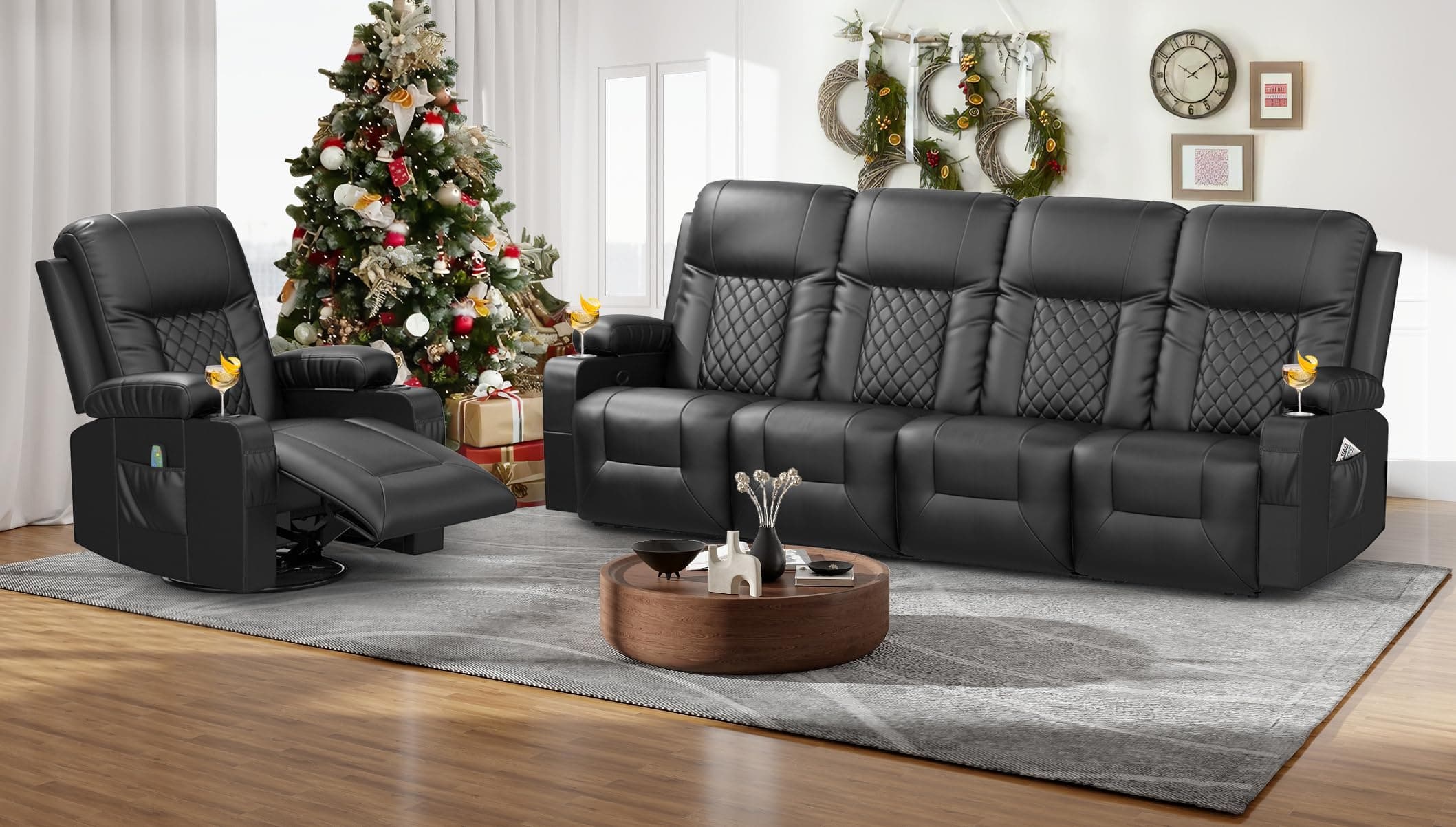 Oversized Recliner Sofa Set with 4+1 Pieces in Living Room, 4 Seater Reclining Sofa with USB Ports, Cell Phone Holders, 1 Recliner Chair with Vibration Massage and Heat Single Sofa Seat