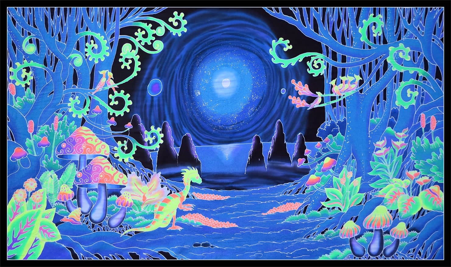 Psychedelic Tapestry 'Space Jungle' - Hand-painted and silkscreen batik wall-hanging - UV active wall-hanging -Trippy wall art - Black light active trippy tapestry - Fantasy tapestry