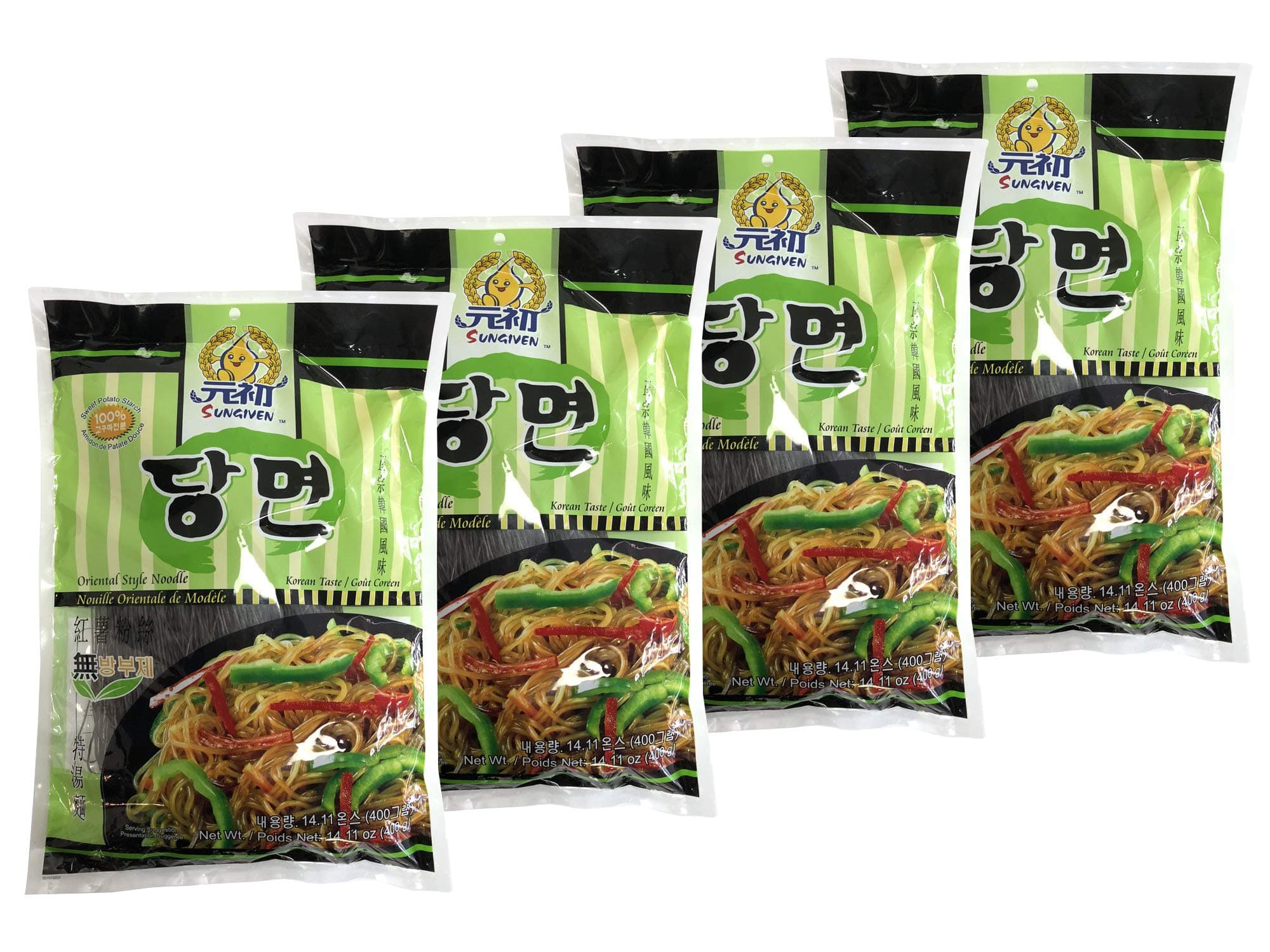 SUNGIVEN Sweet Potato Glass Noodles, Korean Vermicelli Pasta, Fat-free and Gluten-free, 100% Sweet Potato Starch, No Additive, No Alum inside, 14.11 Ounce （Pack of 4）