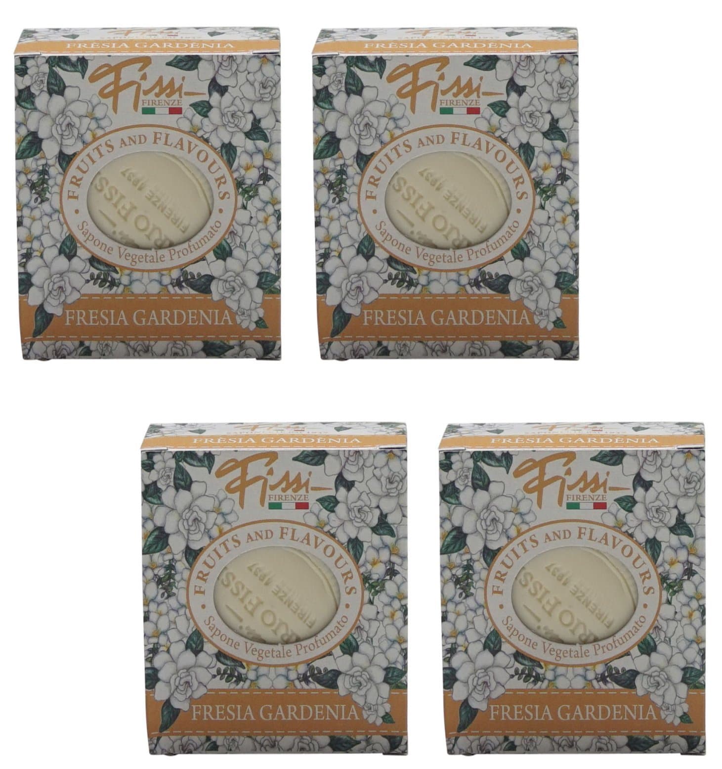 "Fresia Gardenia" Perfumed Vegetal Soap, Freesia and Gardenia Scent,"Fruits and Flavours" Line 3.5 Ounce (100g) Package Pack of 4 [ Italian Import ]