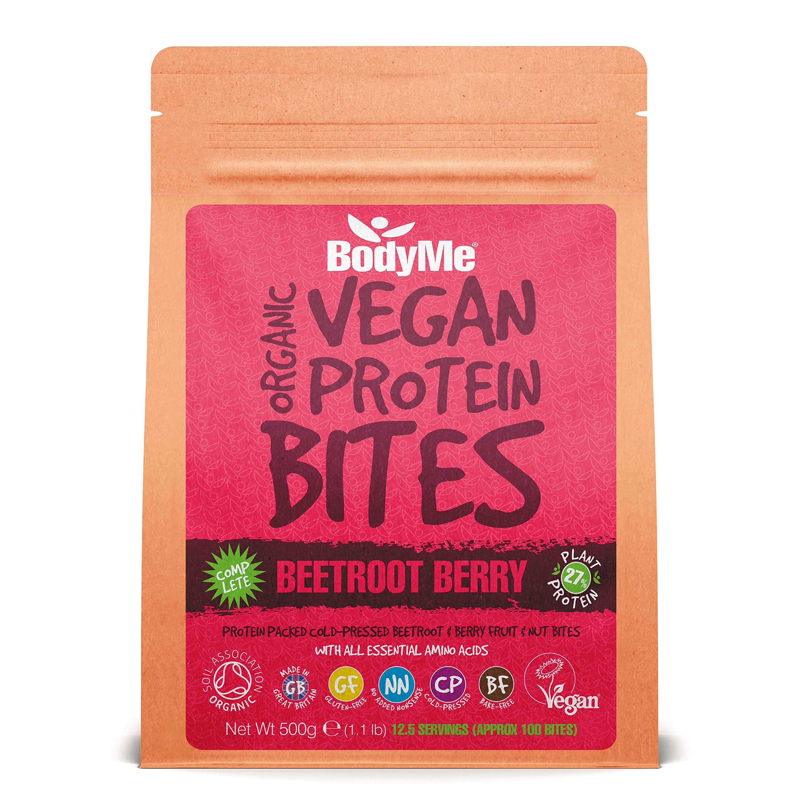 BodyMe Organic Vegan Protein Bites | Raw Beetroot Berry | 1.1lb 500g | 100 Bites | with 3 Plant Proteins