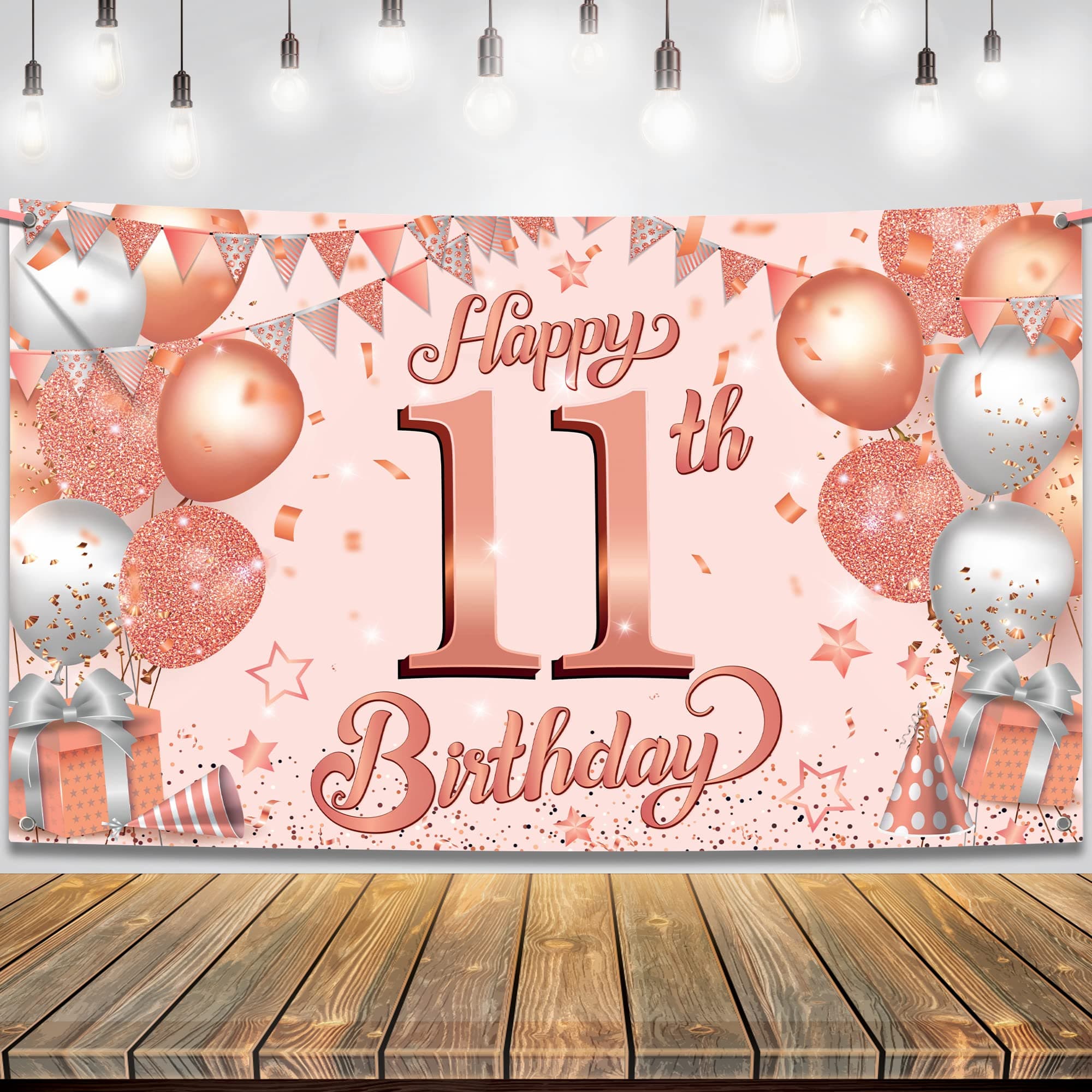 KatchOn, Rose Gold Happy 11th Birthday Banner - Large, 72 x 44 Inch | Rose Gold Happy 11th Birthday Backdrop for Girls | Happy 11th Birthday Decorations for Girls | 11 Year Old Birthday Decorations