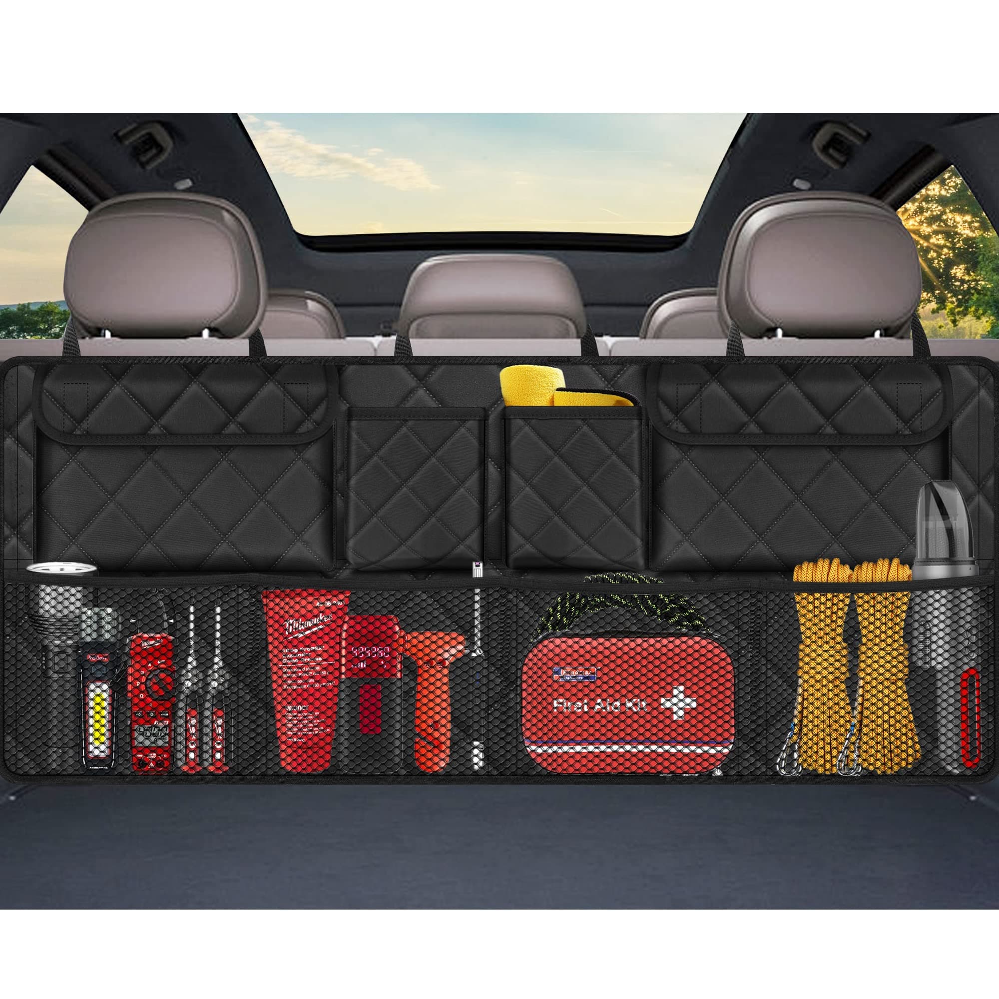 Femuar Car Trunk Organizer,Large Capacity Backseat Trunk Organizer(42"*18"),Collapsible Car Storage Bag with 8 Pocekt,Car Organizer for SUV/MPV/Truck - Black