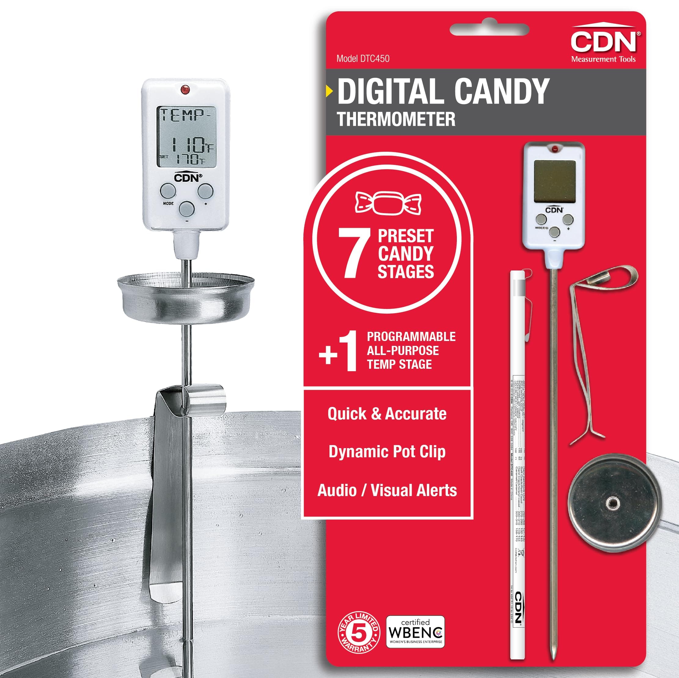CDN Digital Thermometer Long 8'' Stainless Steel Stem, Adjustable Pot Clip, Preset Candy Stages with Audio/Visual Alerts, Instant Read For Cooking, Deep Frying & Oil - DTC450