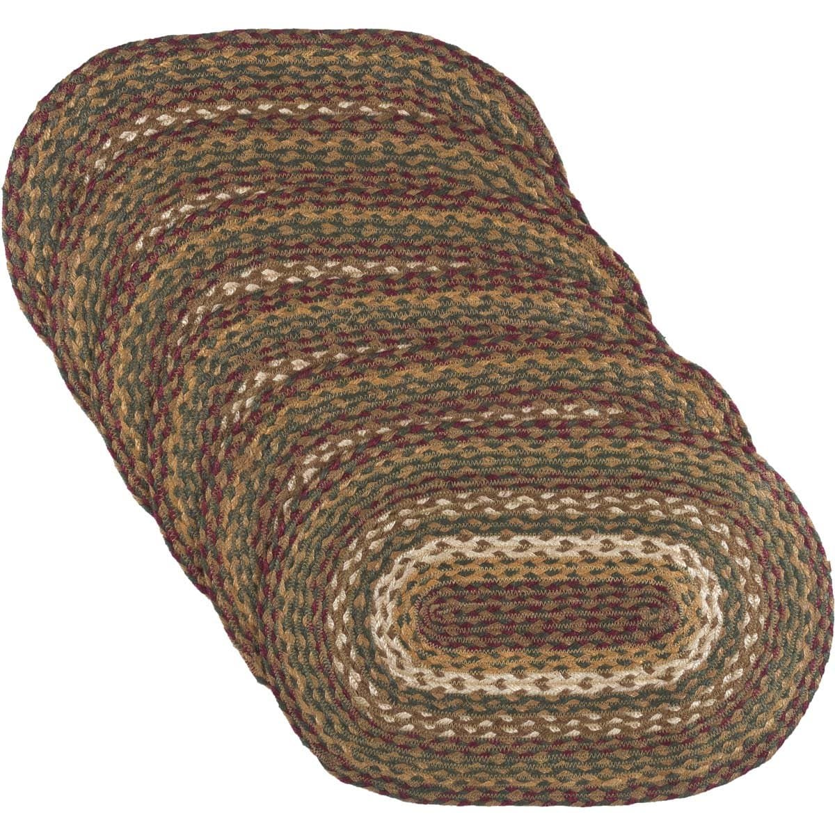 VHC Brands Tea Cabin Rustic Jute Green Textured Striped Oval Kitchen Placemat Set of 6 12"x18"
