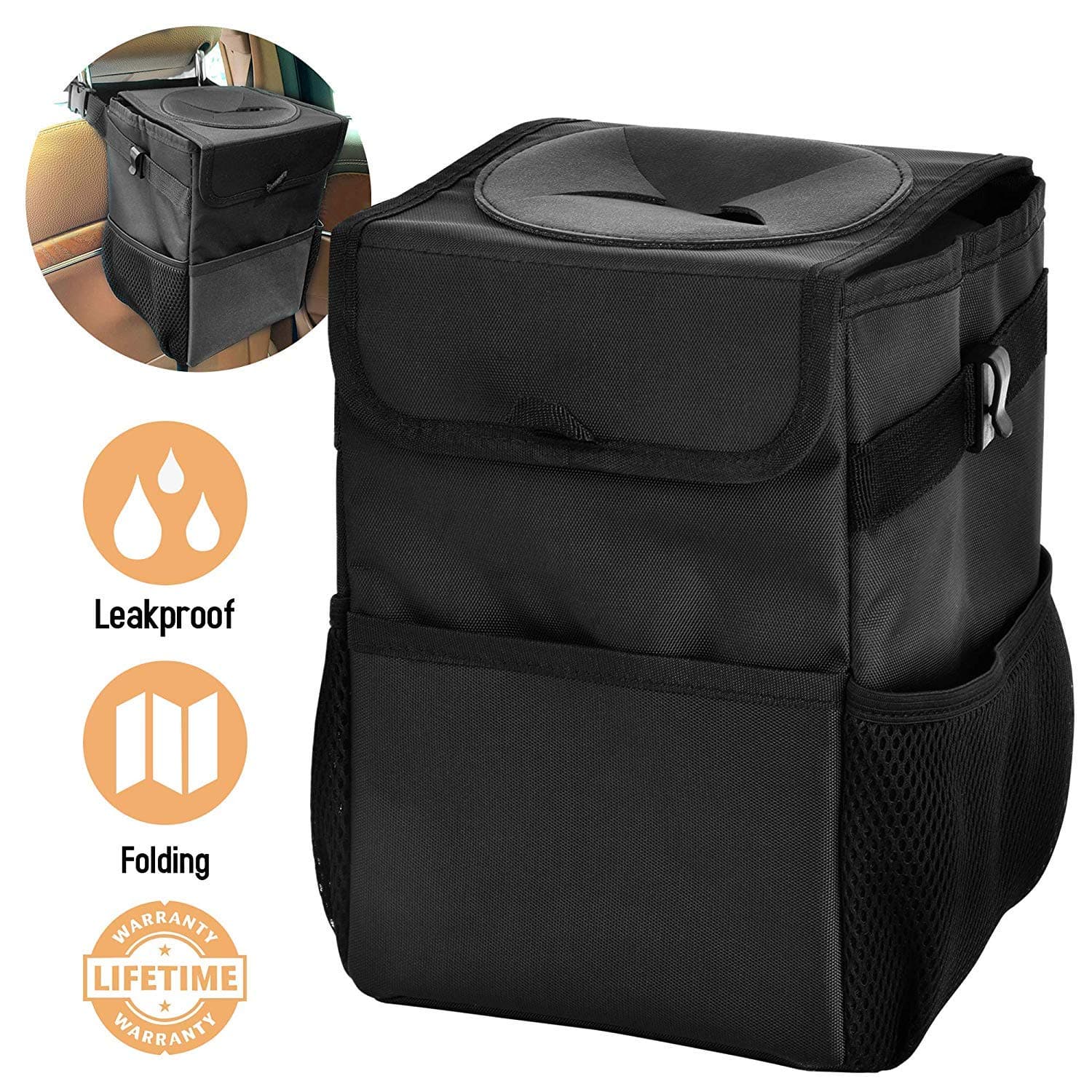 DIZA100 Car Bin, Auto Trash Bag Oxford with Lid and Side Pocket, 100% Leak-Proof Vinyl Inside Lining, Universal Car Accessories Organizer for Auto/SUV/Truck/Minivan