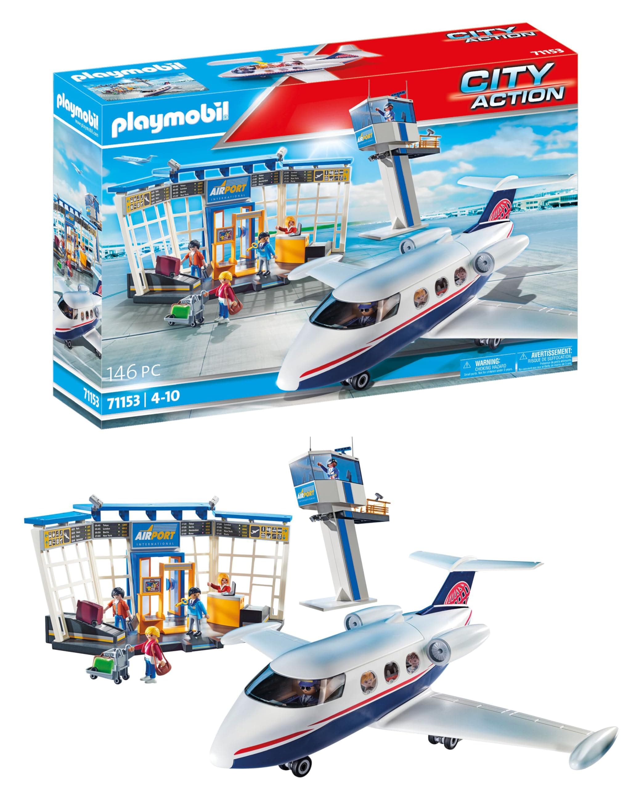PLAYMOBIL City Action 71153 Airport with Airplane and Control Tower, With Environmentally Friendly 2-in-1 Reversible Cardboard Packaging, Plane Toy for 4+ Year Olds [Amazon Exclusive], One Size
