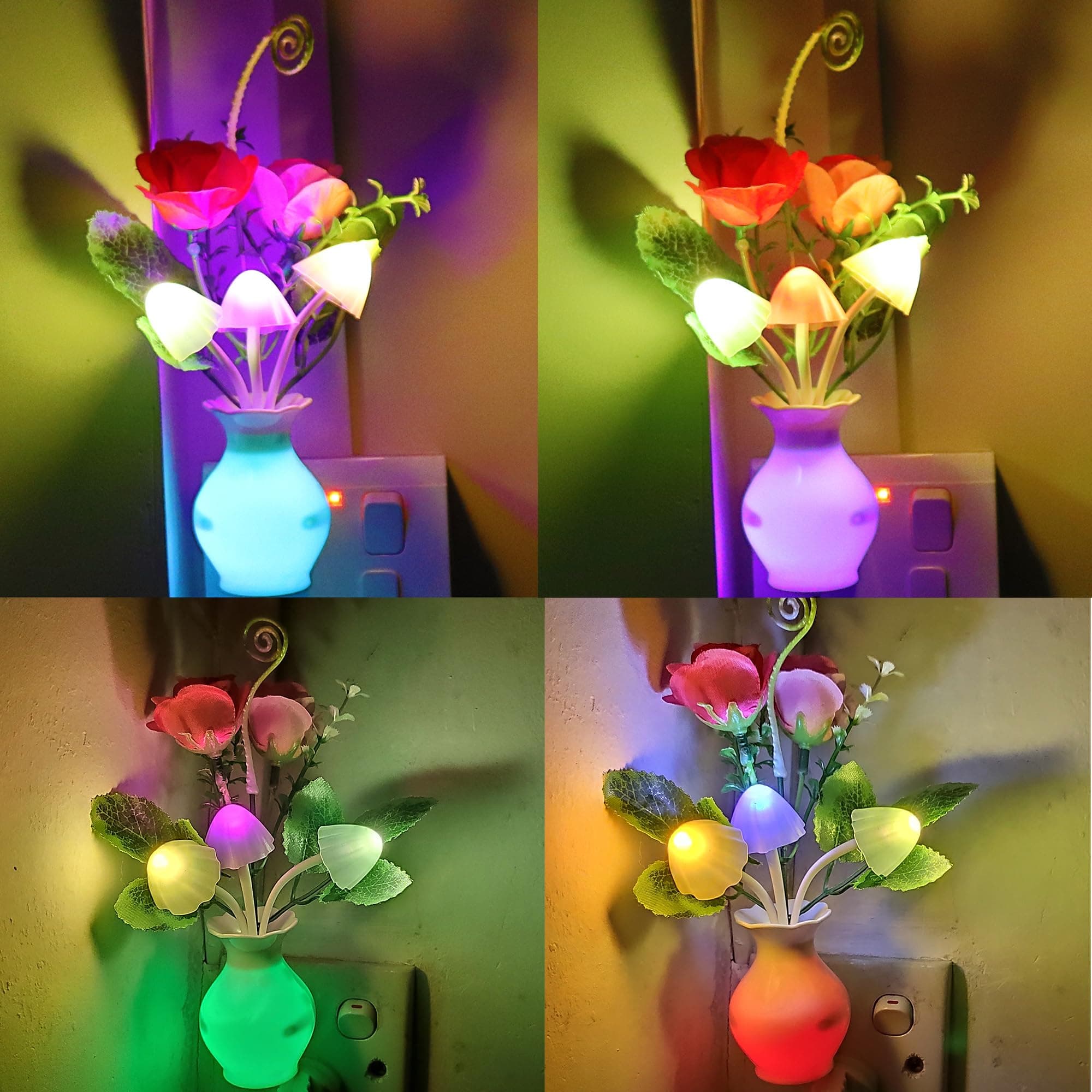 AUSAYE 4 Pack Plug in LED Night Light Sensor Light Rose Flower Decor,Energy Saving Lamp Dream Nightlight Mushroom Night Lights for Kids Adults Bedroom,Bathroom,Living Room,Kitchen,Hallway