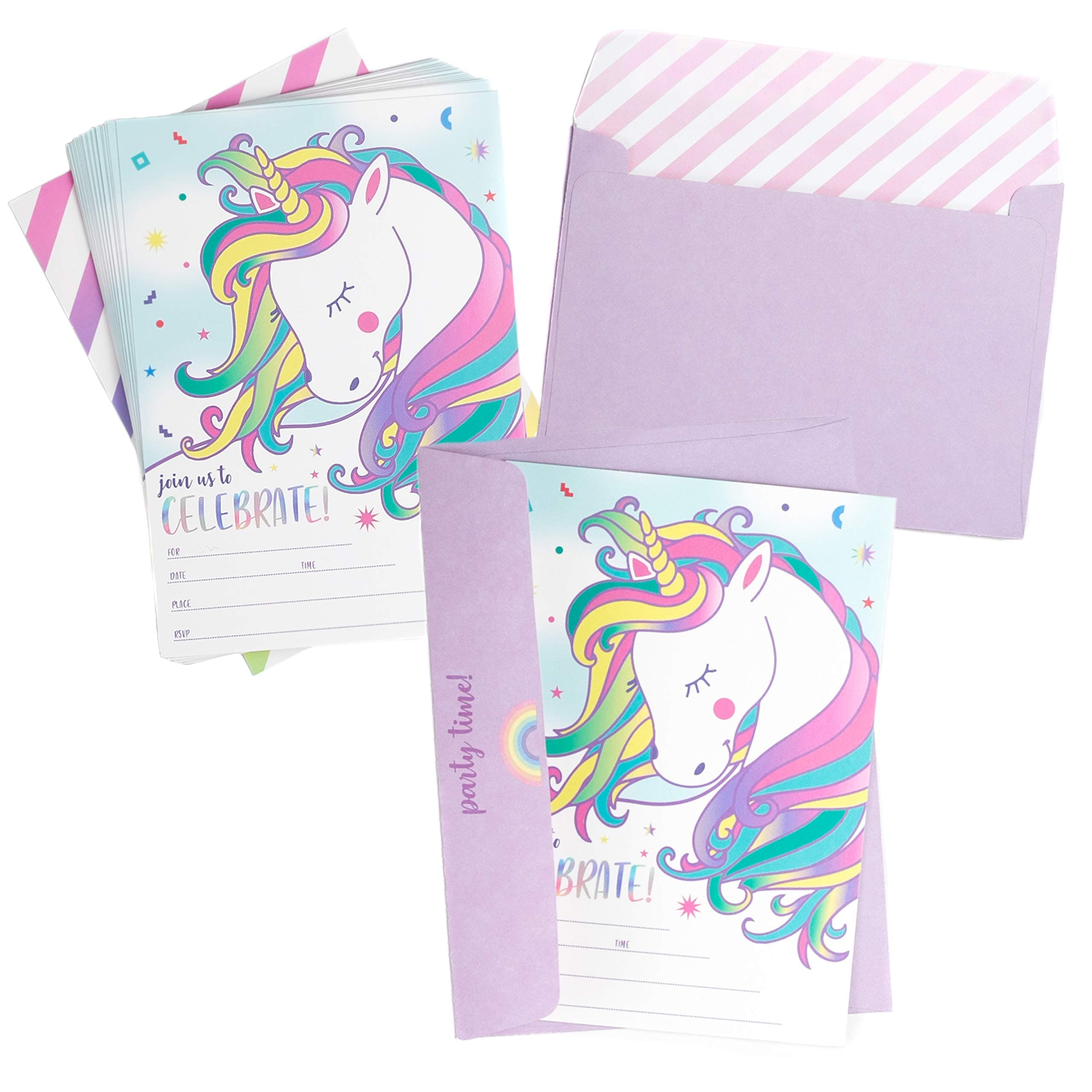 25 Magical Unicorn Birthday Invites with Envelopes, Double Sided, Fill in the Blank, Girls Birthday Cards by Well Krafty