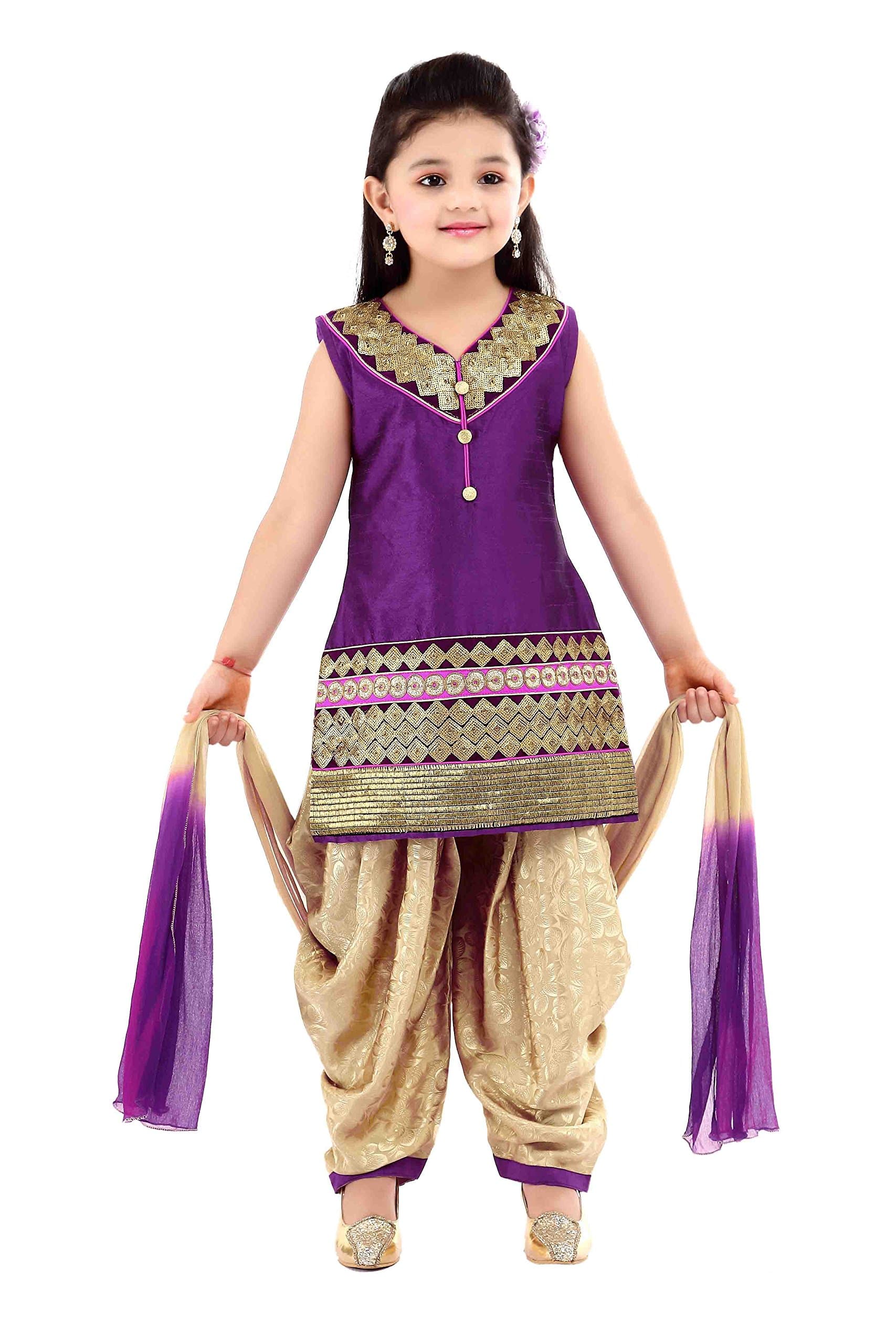 ETHNICAL KIDS Girls' Indian Ethnic Wear Dupion And Netted Fabric Salwar Suit Set Purple