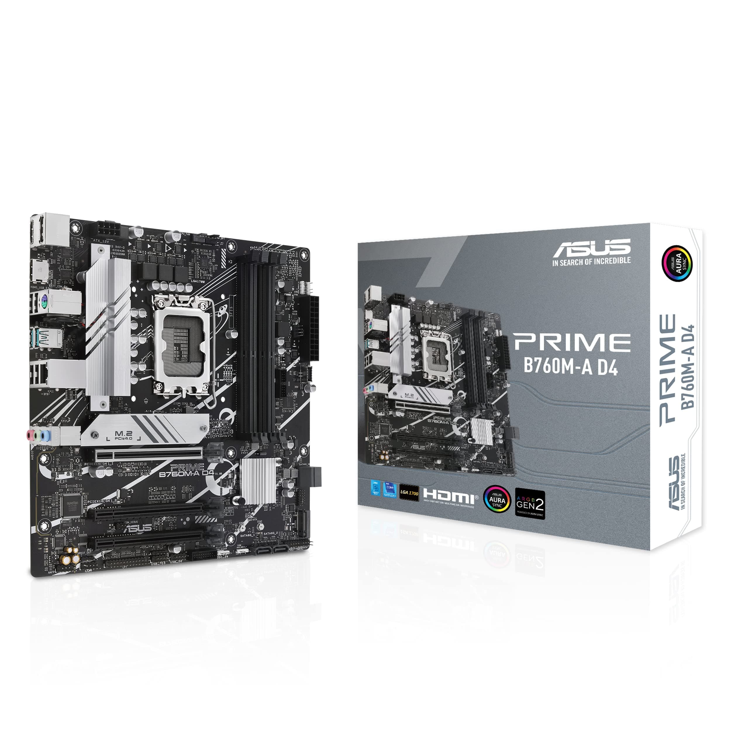 Prime B760M-A D4 Intel® B760 (LGA 1700)(13th and 12th Gen) mATX Motherboard, PCIe 4.0, 2xM.2 Slots,2.5Gb LAN, DisplayPort,Dual HDMI,Rear USB 3.2 Gen 2, Front 1 Type-C®, Aura Sync