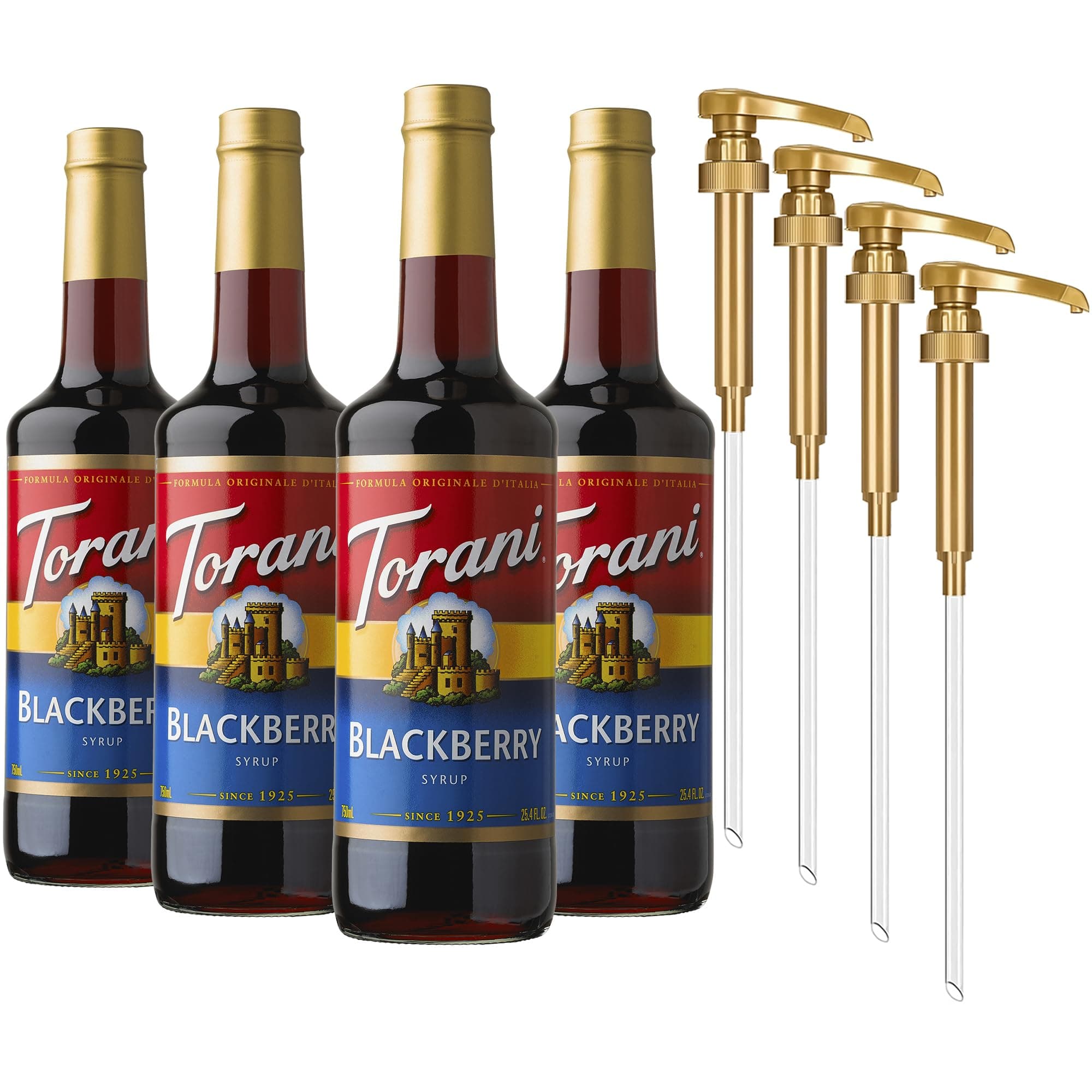 Torani Blackberry Syrup for Drinks, Flavoring for Iced Tea, Lemonade, and Sodas, Glass Bottle 4-Pack, Pumps Included, 25.4 Fl Oz Ea