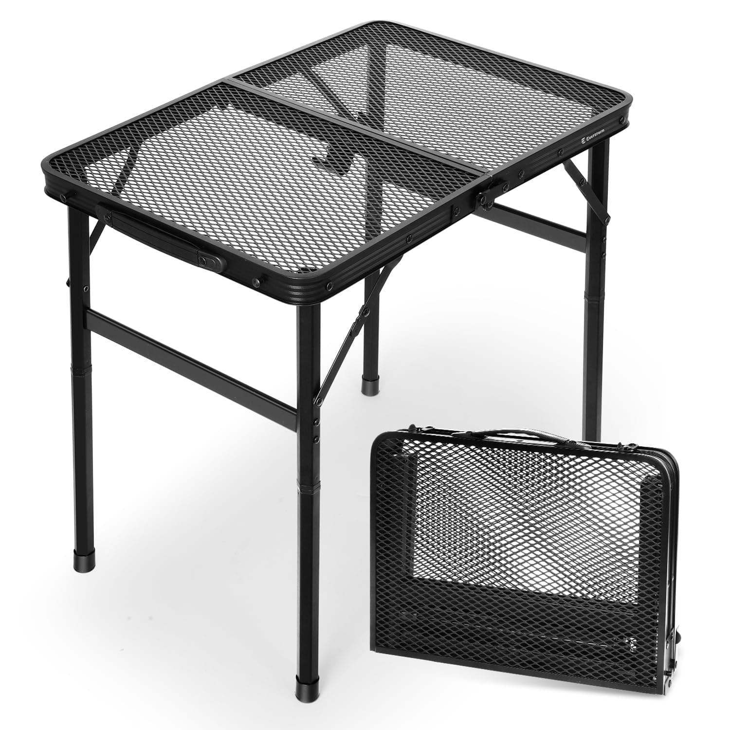 2Ft Small Folding Table with Carry Handle, Camping Table Adjustable Height 10.6–22 in, Black Metal Mesh, Portable & Compact for Outdoor/Indoor,Grill Table, 23.6×15.8 in, 4 lb, 66 lb Capacity