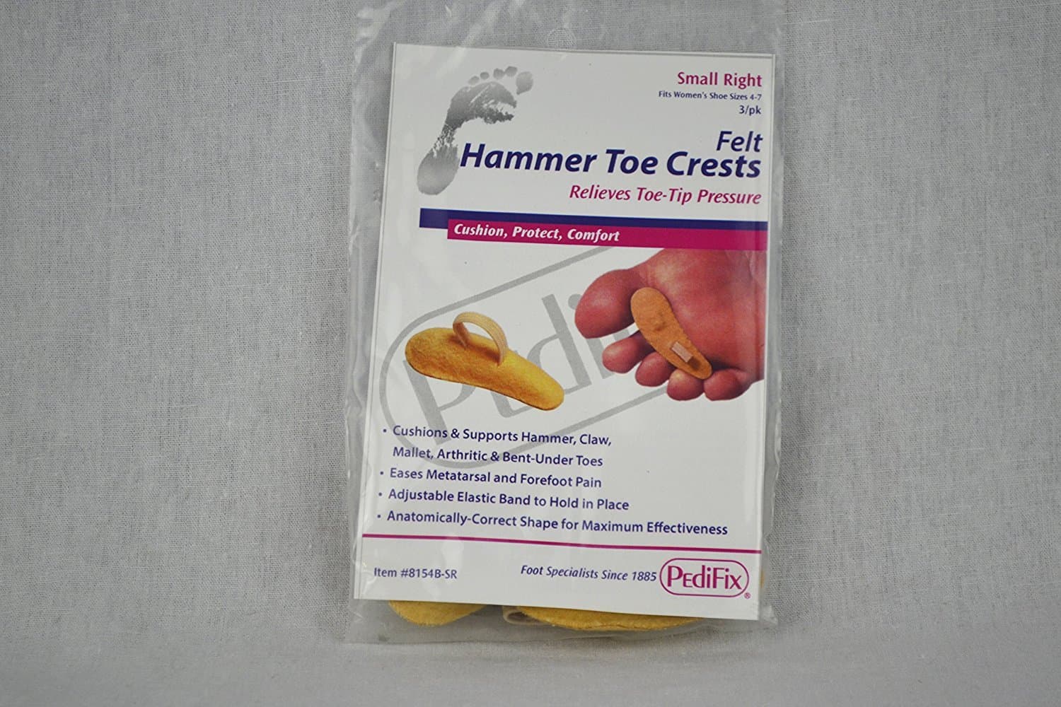 PediFix Hammer Toe Cushion, Soft Felt Toe Crest Pad with Toe Loop, Small Right, Toe Tip Protector for Bent Under Toes, Helps Reduce Pressure, Corns, Calluses and Blisters, 3 Pack