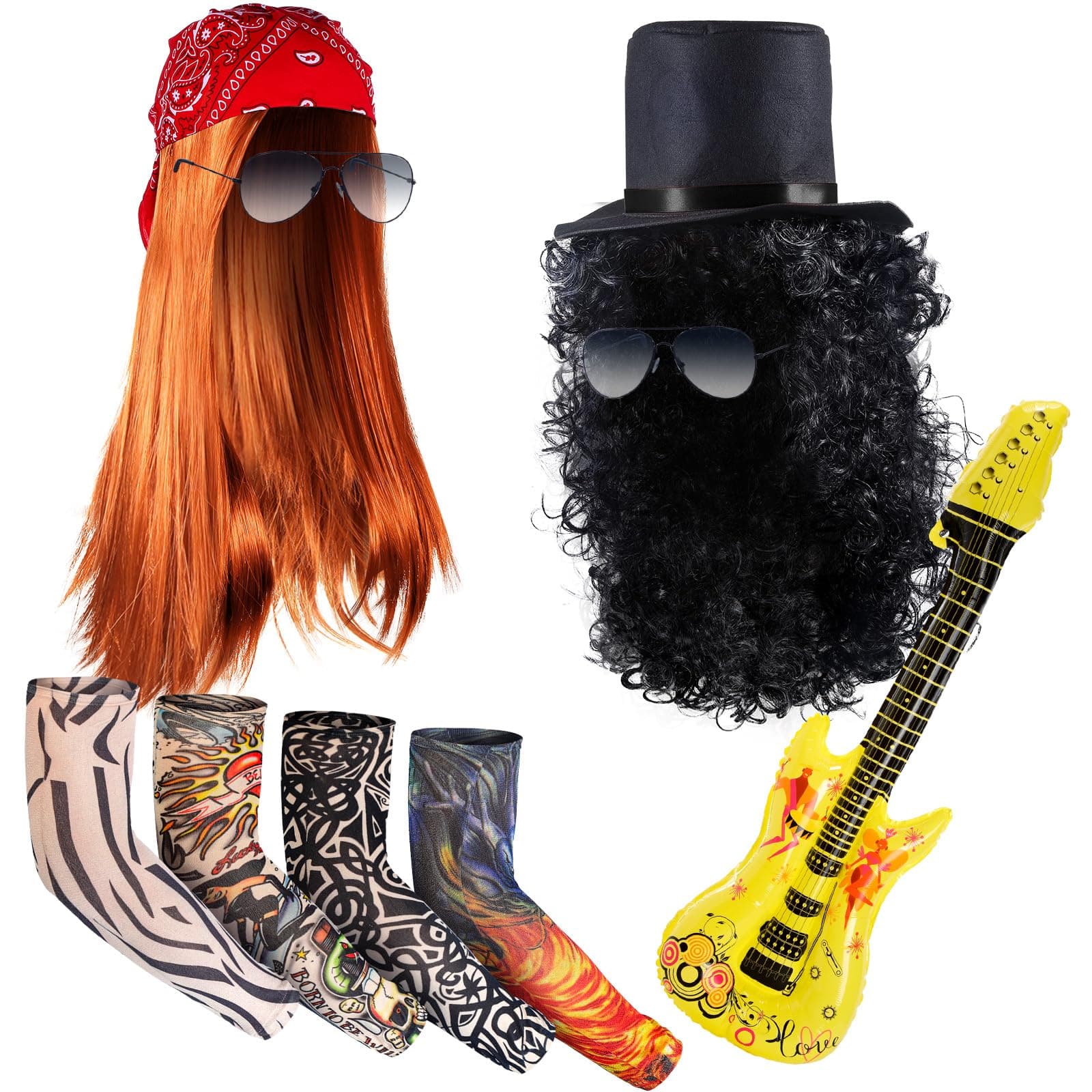 9 Pcs Rocker Costumes Set for Men Women 80s Rocker Wig Inflatable Guitar Tattoo Sleeve Sunglasses Bandana and Hat