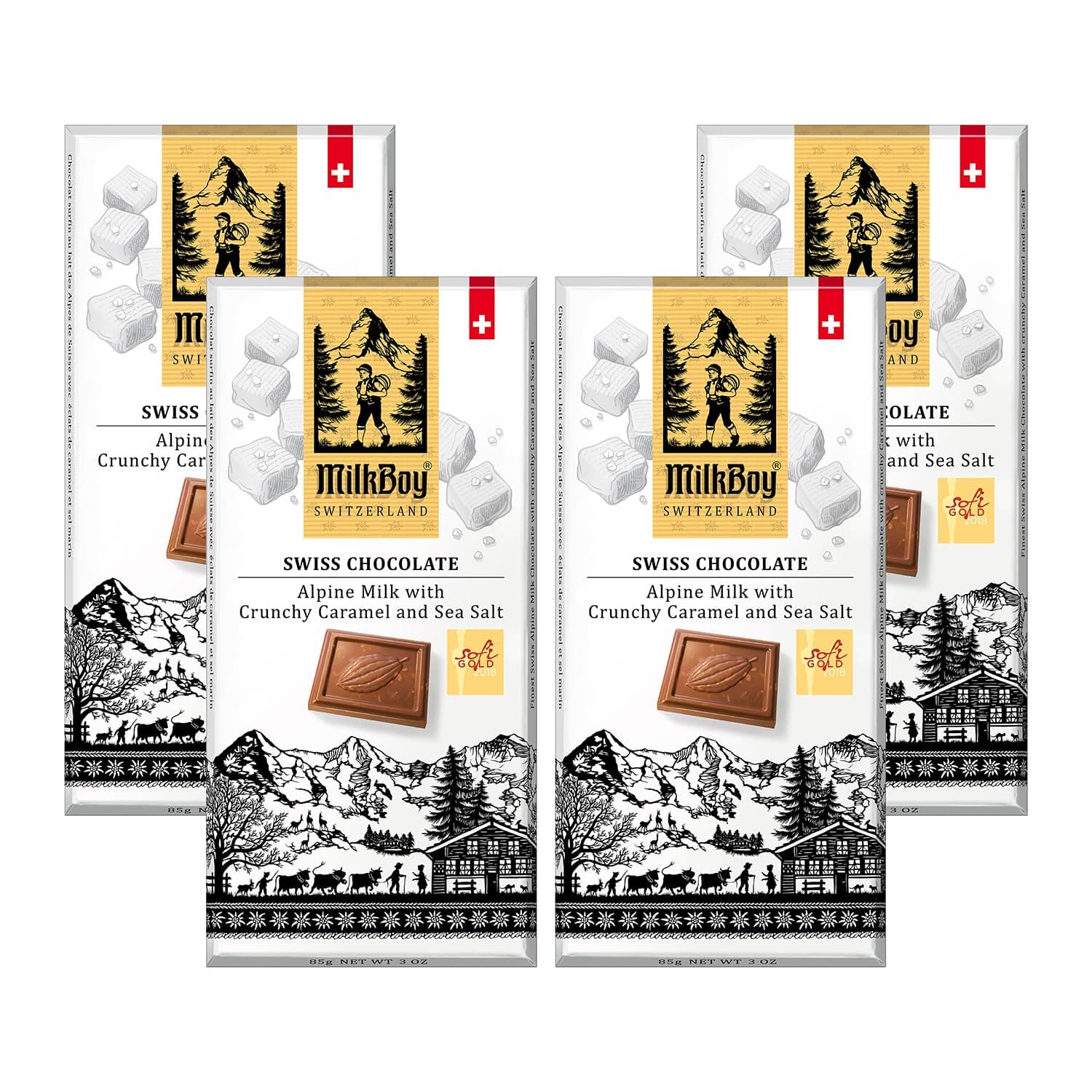 Milkboy Swiss Chocolates Milk Chocolates - Alpine Milk Chocolate Bars with Crunchy Caramel Sea Salt - Gluten-Free Non-GMO All Natural - Made in Switzerland - 3 oz, Pack 4