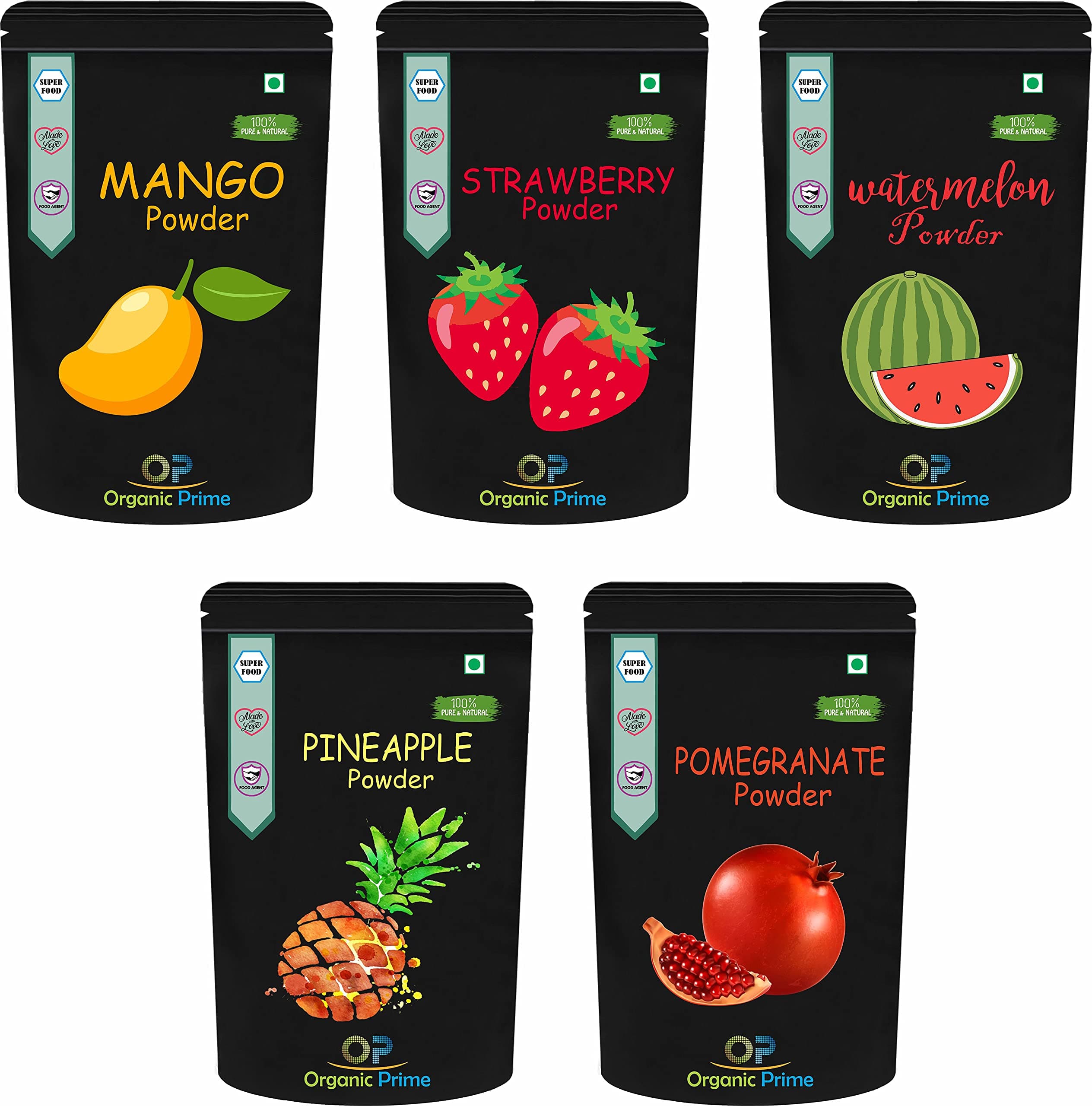 Fruit Powder Combo Pack of 5 Mango, Strawberry, Pomegranate, Pineapple & Watermelon Powder |Dry, No Added Sugars and Preservatives (200 GM Each) = 1000 GM by Organic Prime