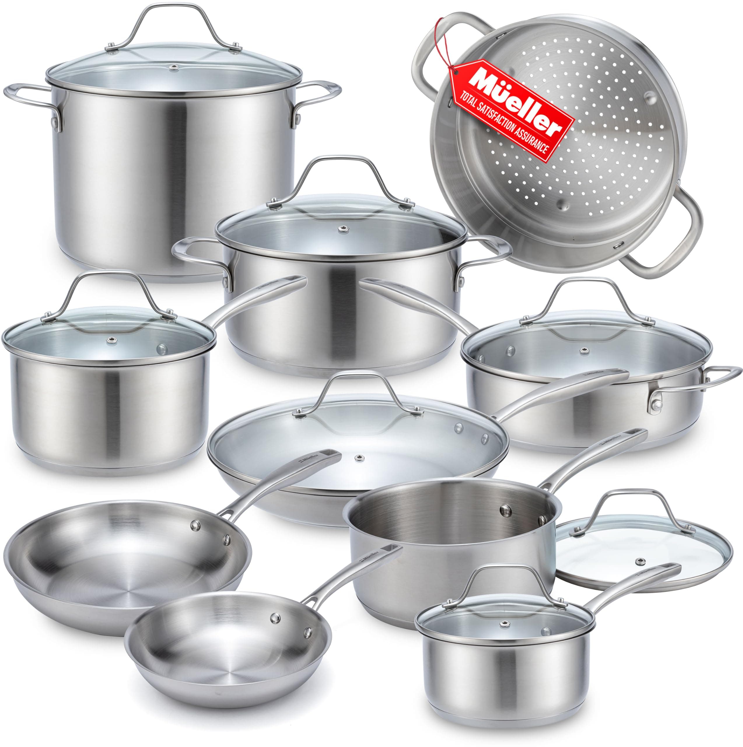 Mueller 17-Piece Stainless Steel Pots and Pans Set – Tri-Ply Ultra-Clad Pro Cookware Set, Induction Ready, Oven Safe, Even-Heat Aluminum Core, Includes Skillets, Saucepans, Dutch Oven, Stockpot