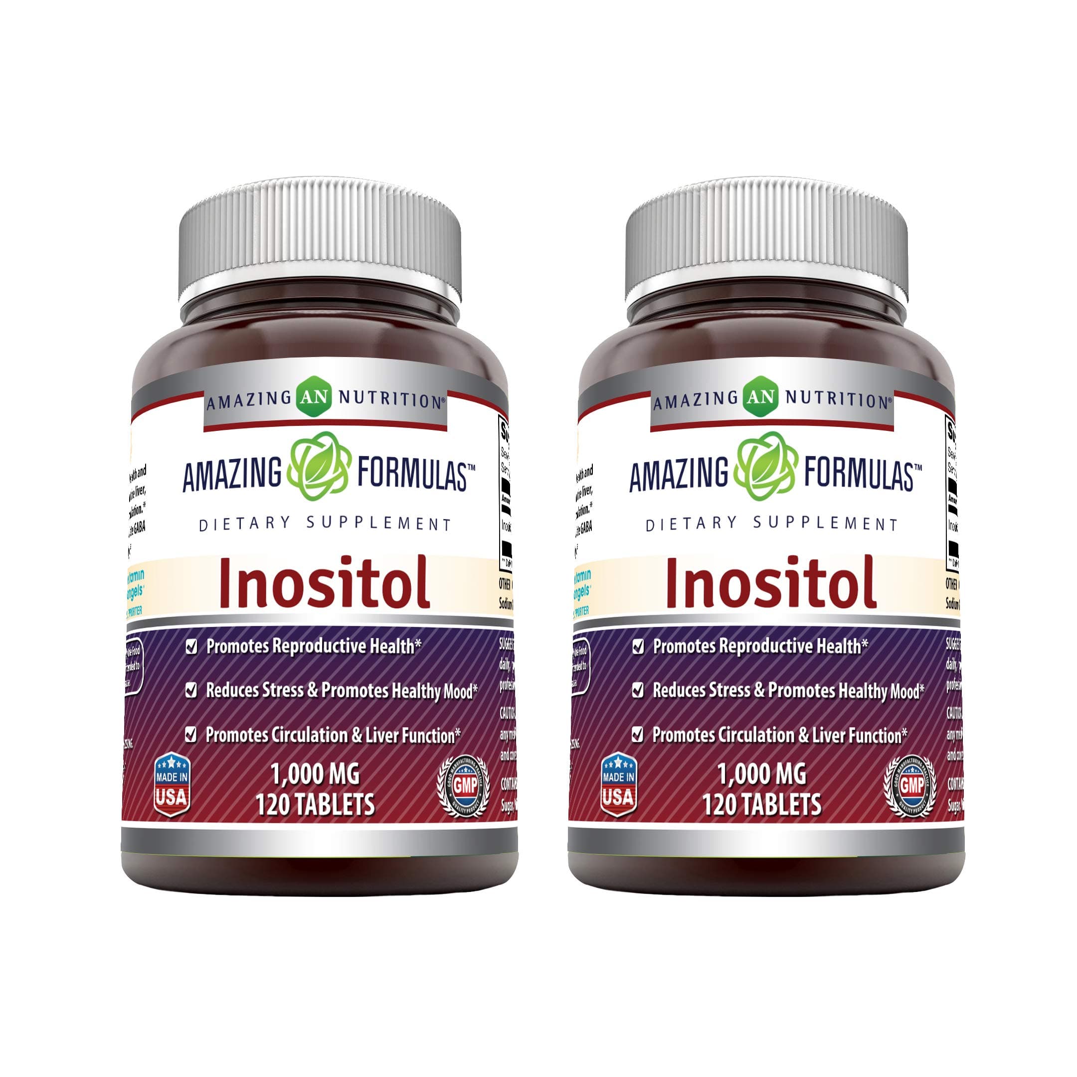 Amazing Formulas Inositol 1000mg Supplement | Tablets | Non-GMO | Gluten-Free | Made in USA (2 Pack, 120 Count)