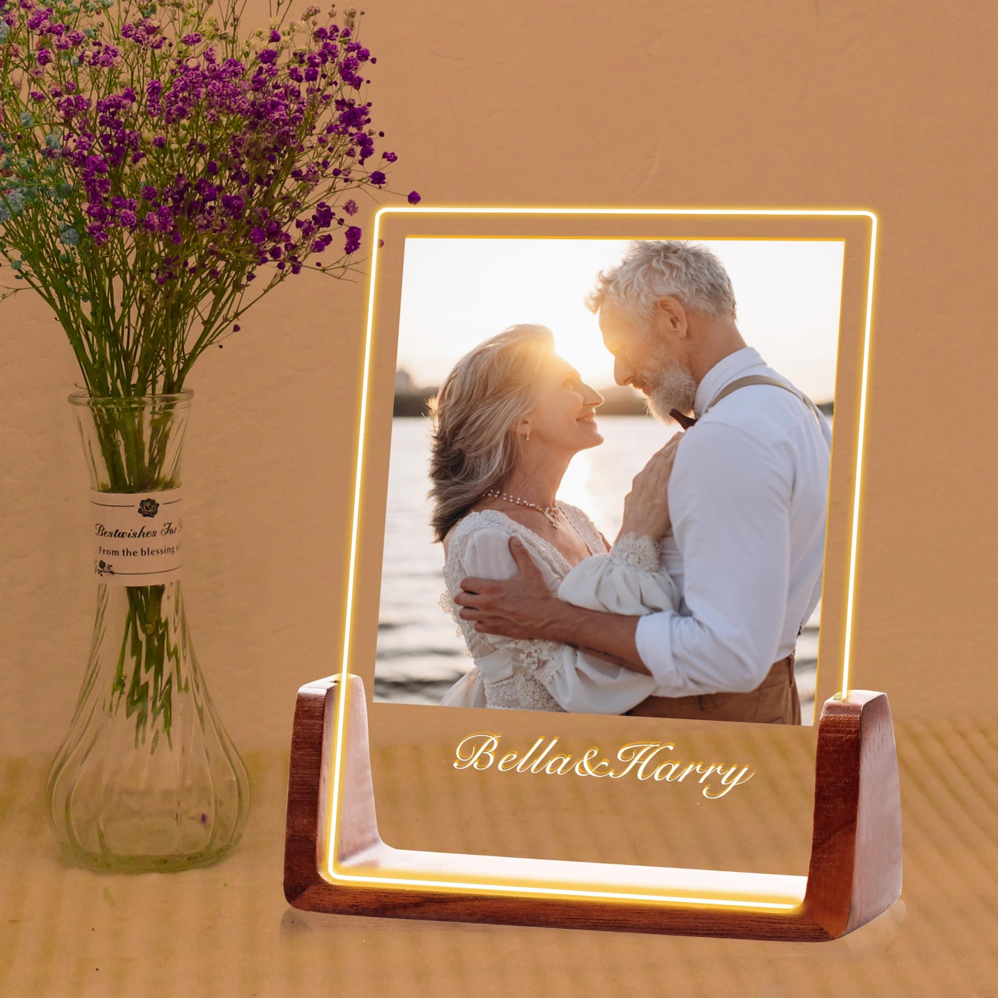 Personalized Acrylic Plaque with Photo, Custom Plaque With Unique Custom LED Wood Picture Frame for Boyfriend or Girlfriend, Customized Gifts for Couples, Famlily (4 Size: 15-25cm)