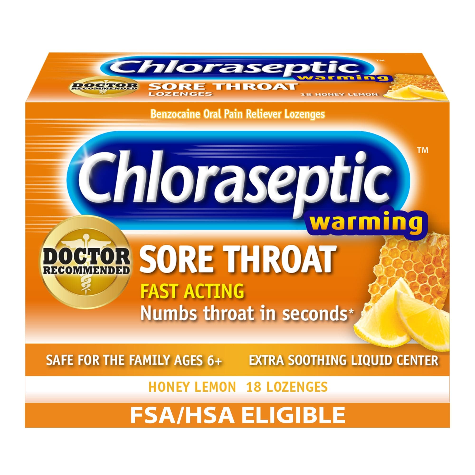 Total Sore Throat Lozenges, Real Honey Lemon, Drops with Liquid Center to Numb and Warm Sore Throat, 18 Count