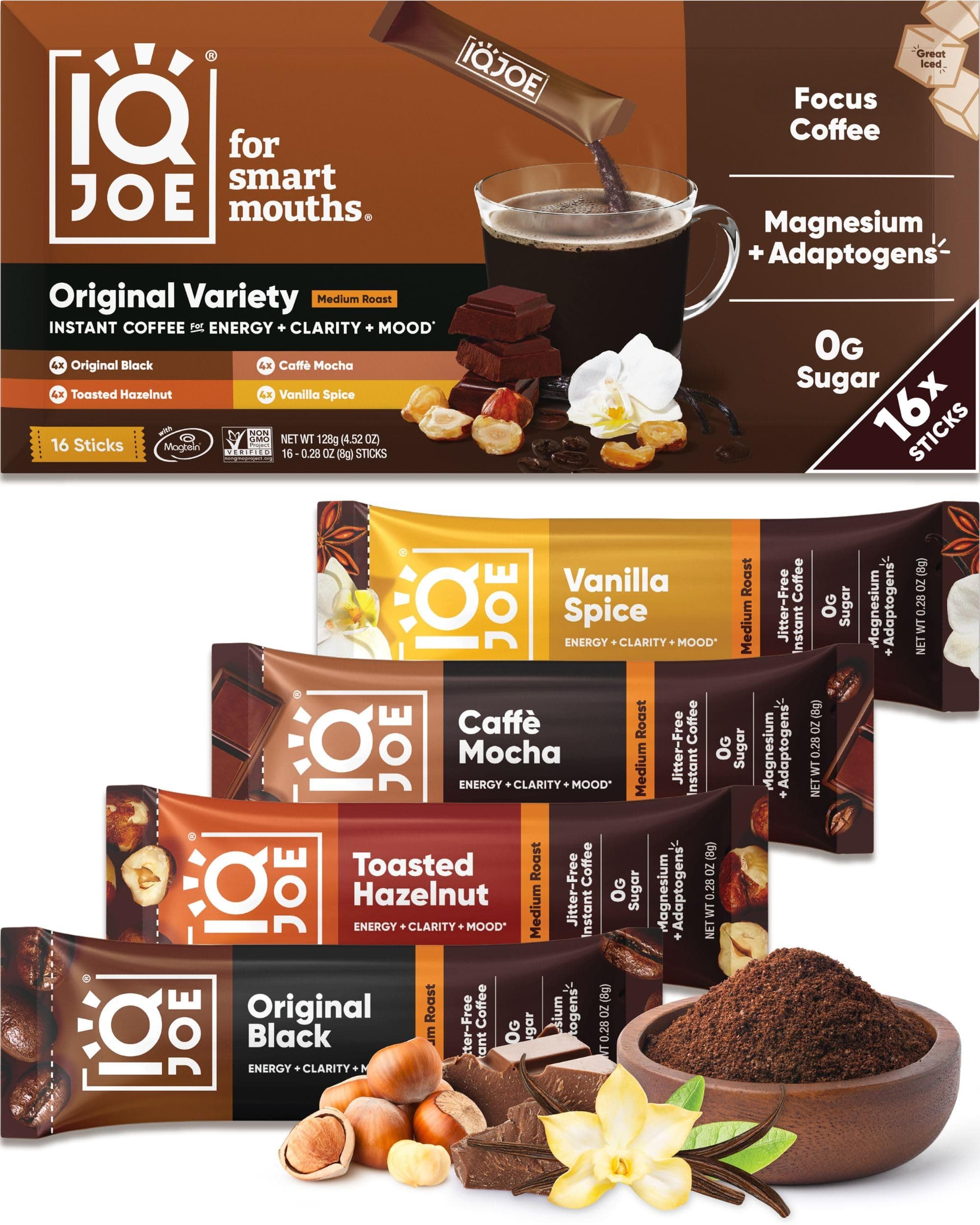 IQJOE Mushroom Coffee Packets (16 Servings) Lion’s Mane, Magtein Magnesium, Antioxidants, Adaptogens - Variety Pack - Instant Coffee for Focus, Clarity, Mood, Energy Boost - Sugar Free, Keto, Vegan