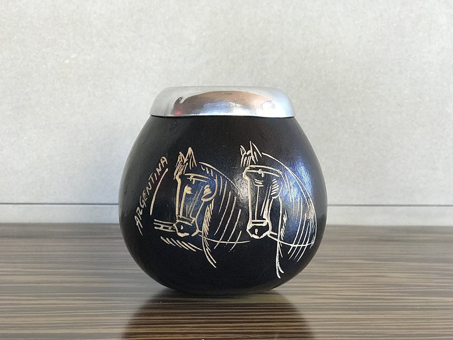 Handmade Crafted Engraved Mate Gourd Made in Argentina (Black-Horse)