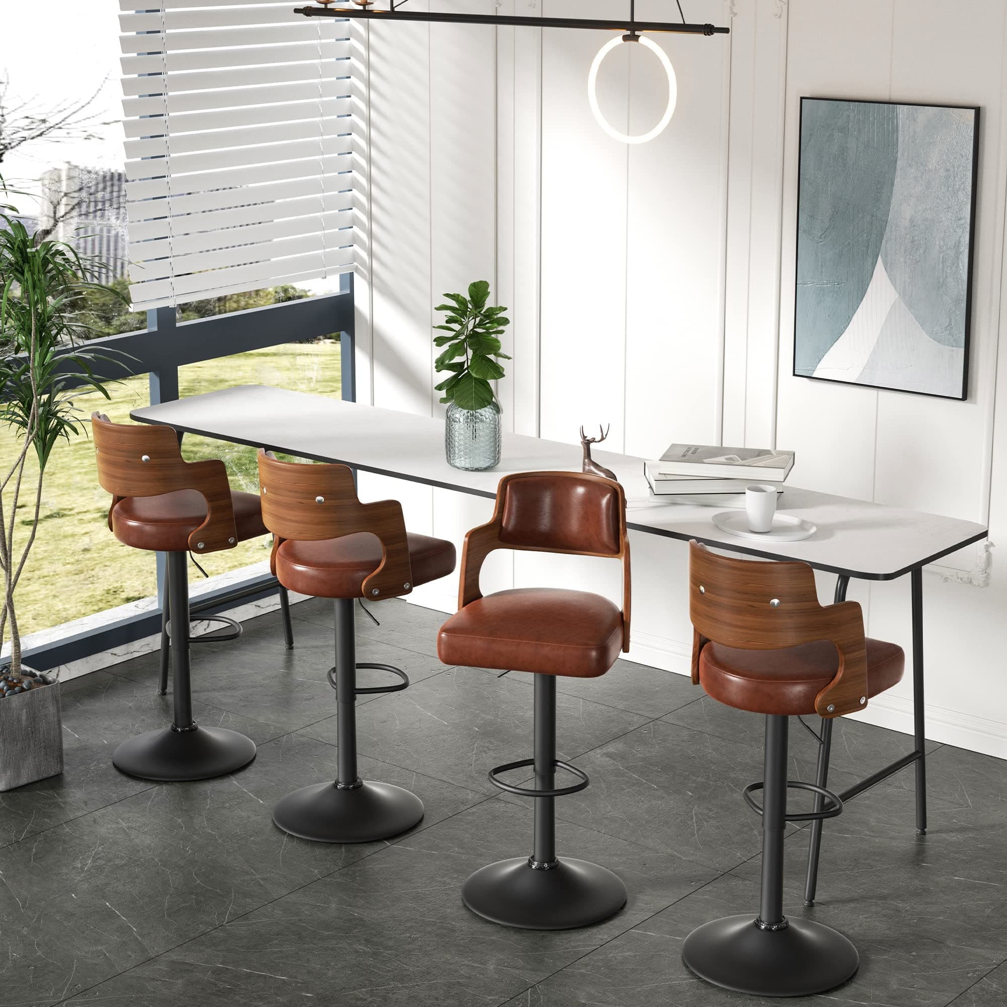 Bar Stools Set of 4 Morden Height Counter Bar Stools with Wood Back Thickened Seat Swivel Adjustable Stool Chair for Home Kitchen Island Brown