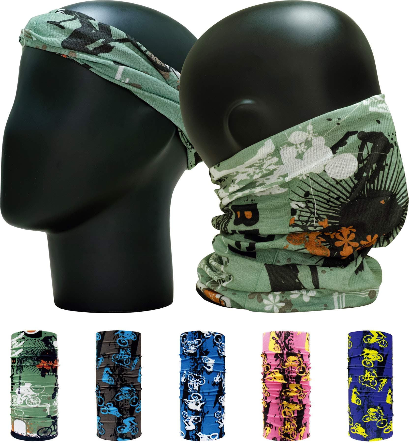 Leevo Pattern Bold Headwear Scarf Boho Headband Wrap Shield Neck Gaiter Bandana (Free Size (18.5” 9.25”), Bicycle Riders Assorted Set, 5pcs total)