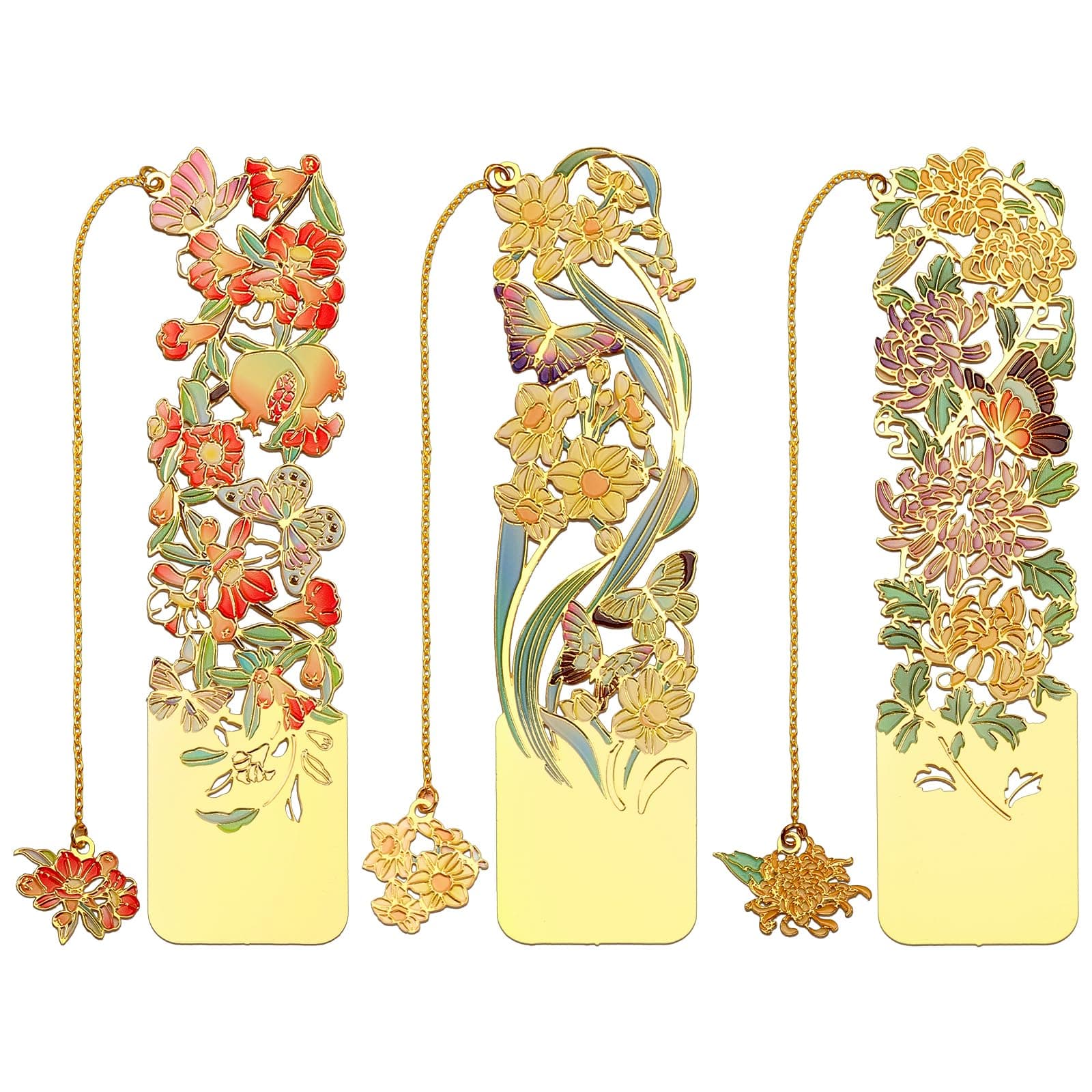 3 PCS Metal Bookmarks, Bookmarks for Reading Women, Beautiful Metal Bookmark, Chrysanthemum, Pomegranate Flowers, Narcissus