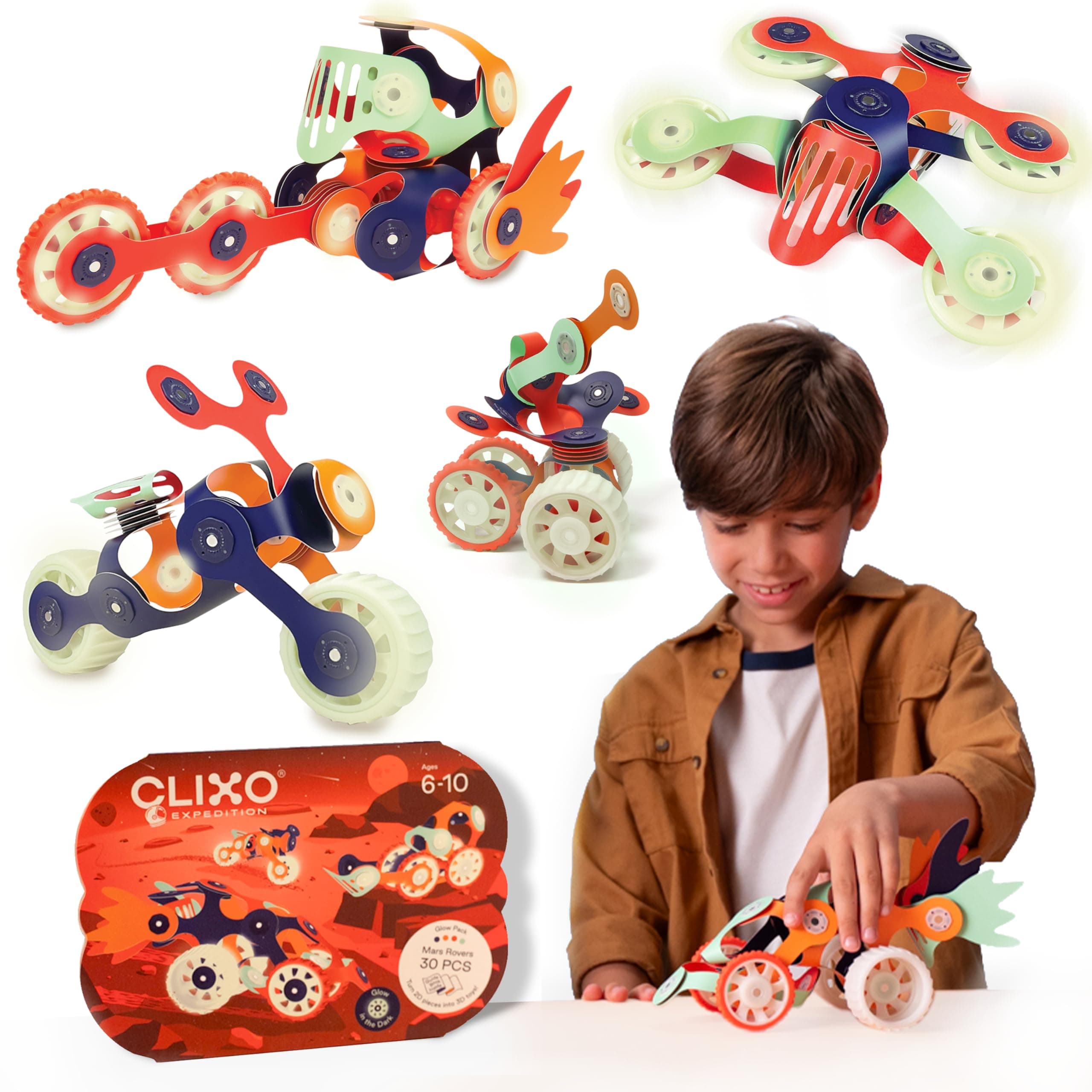 Clixo Mars Rover Pack - Glow-in-The-Dark Wheels Magnetic Building Toy - 30 Flexible Magnet Pieces for Galactic Exploration & Adventure. Award-nominated STEM Toy. Kids Gift & Travel. Ages 6+ [New]