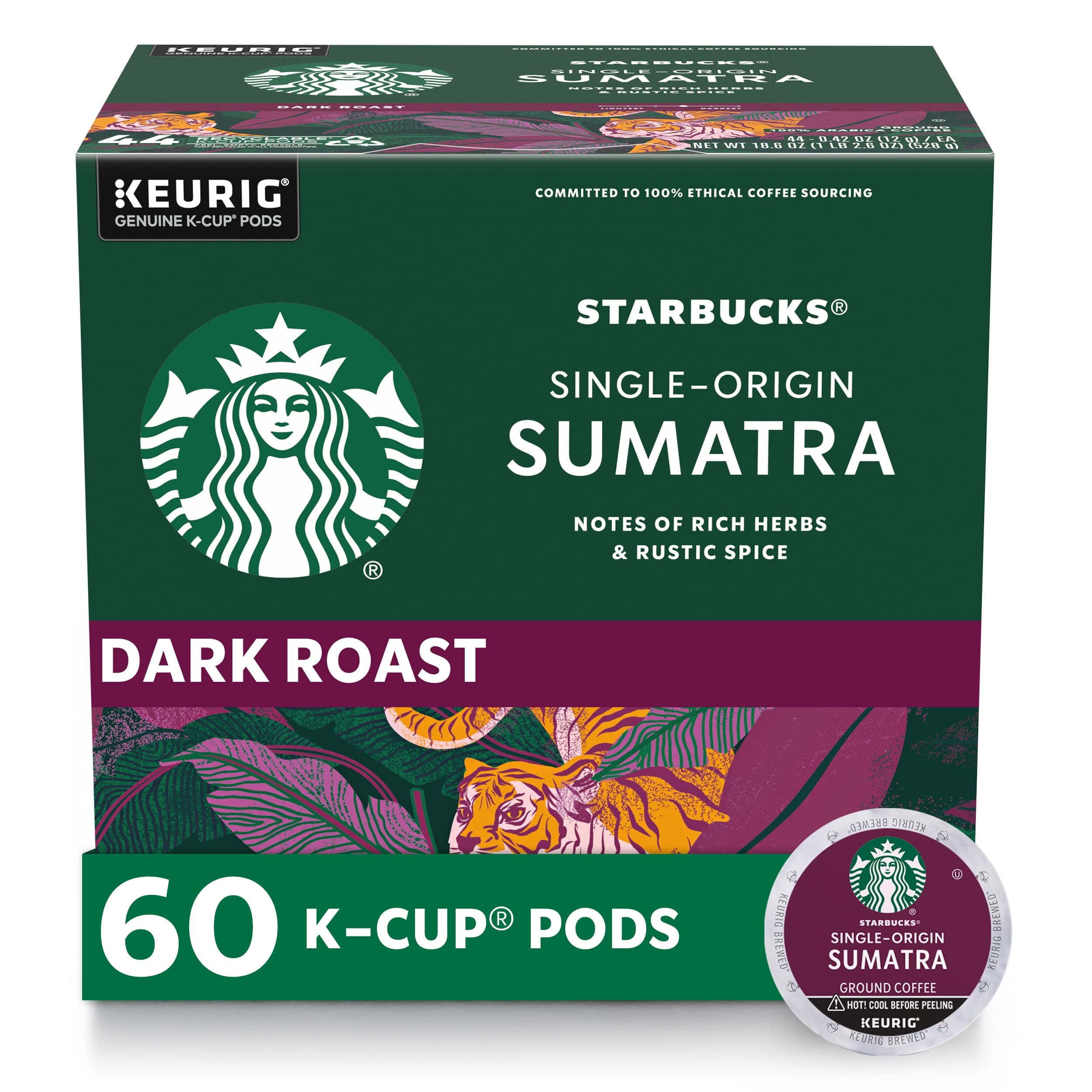 K-Cup Coffee Pods, Dark Roast Coffee, Sumatra for Keurig Brewers, 100% Arabica, 6 boxes (60 pods total)