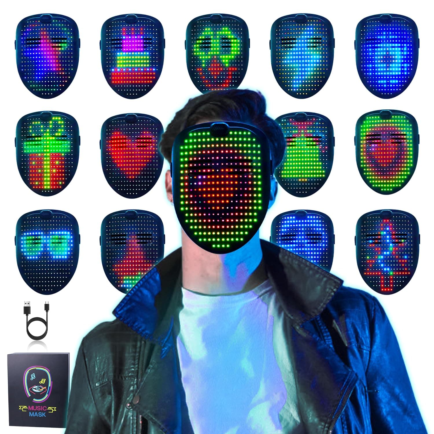 Ompusos LED Mask with Gesture Control - Digital Halloween & Rave Mask, LED Electronic Mask for Children and Adults, Ideal for Party, Cosplay, Music Festivals