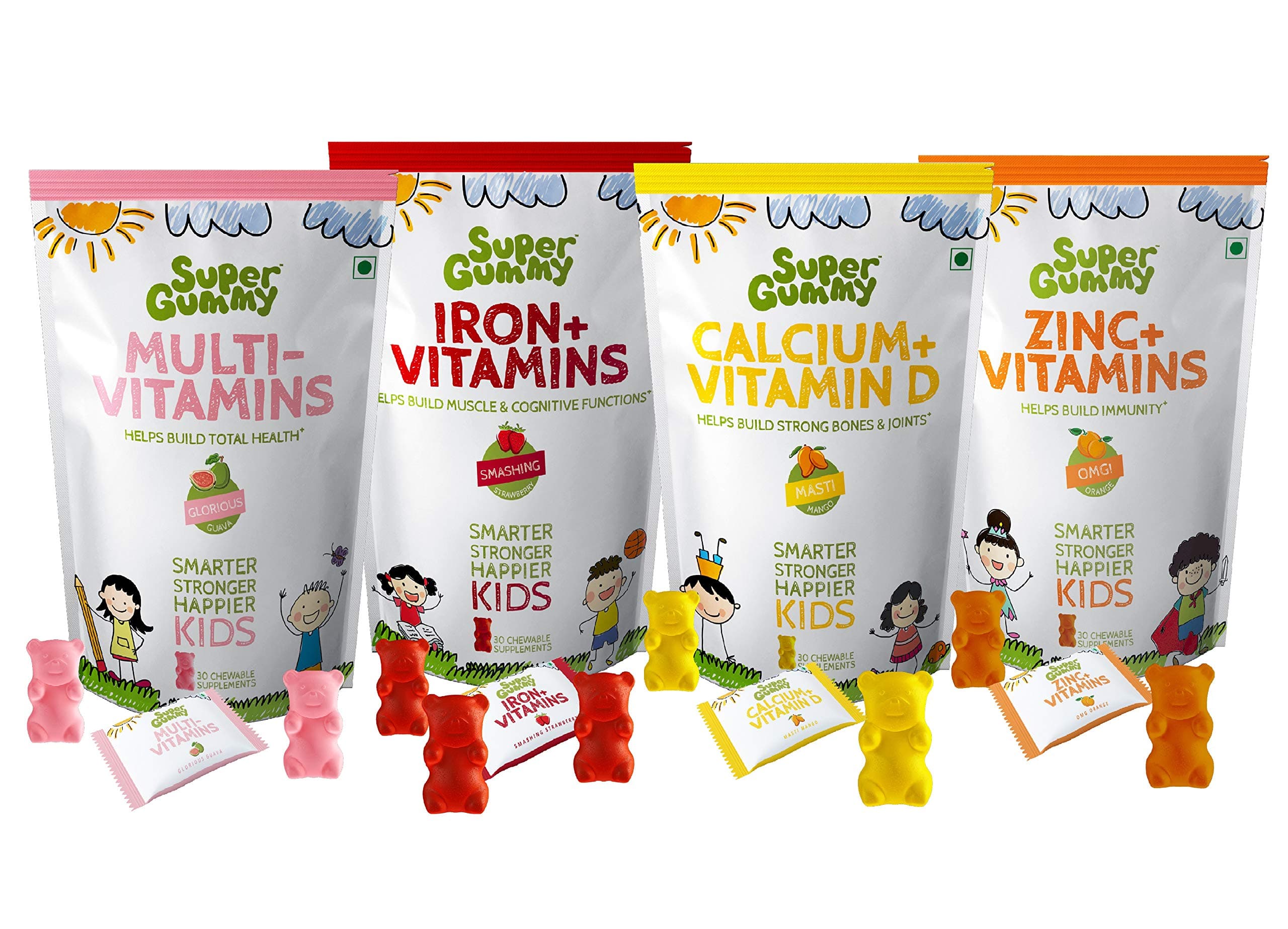 Super Gummy Zinc & Calcium & Iron & Multivitamins Gummies for Kids, Immunity Boost, Strong Bones, Improved Cognition & Overall Health (Combo 4 Pack, 30 Chewable Gummy Bears Per Pack)