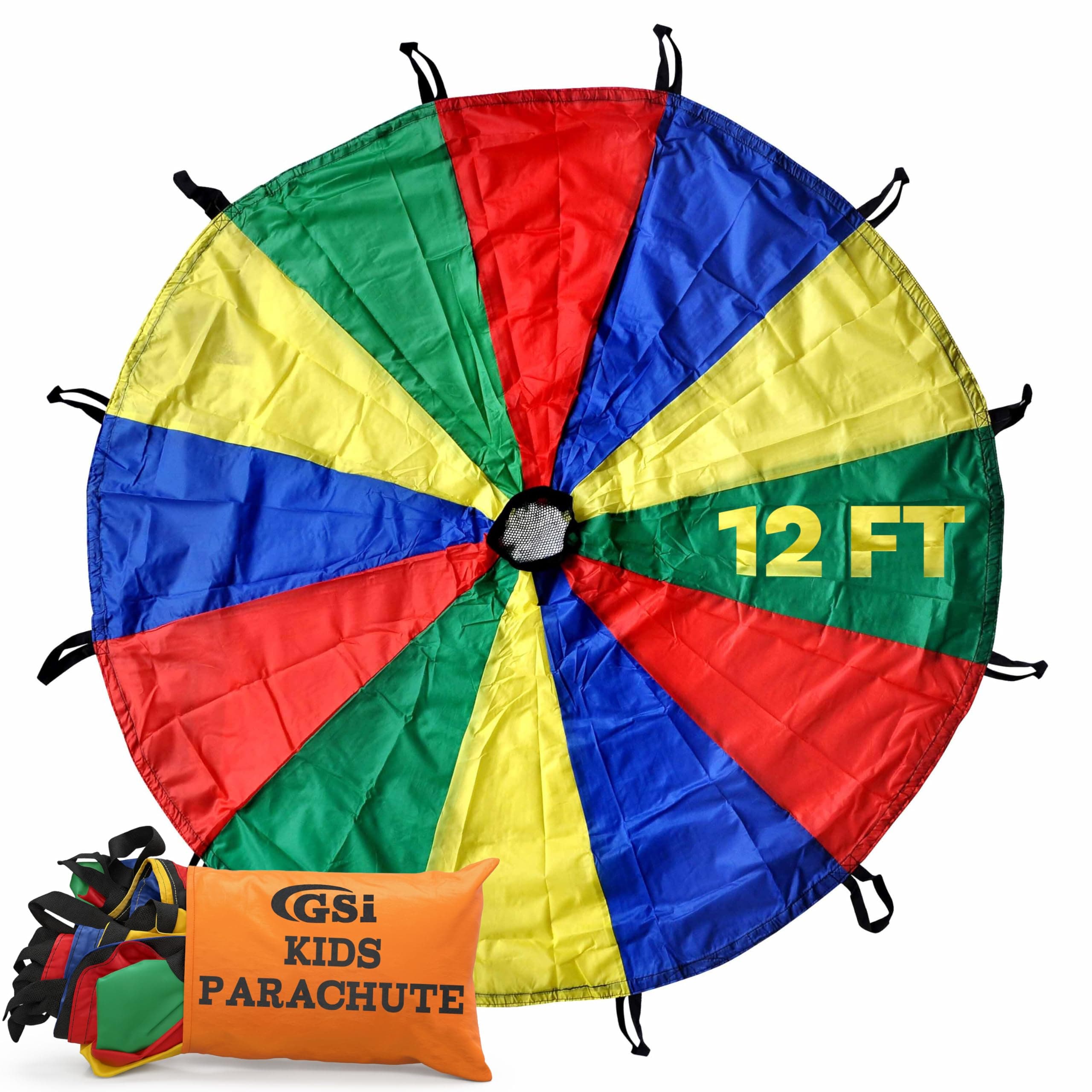 GSI Kids Play Parachute 12 Ft, 16Ft, 20 Ft, Rainbow Parachute Toy Tent Game for Children Gymnastics Cooperative Play and Outdoor Playground Activities