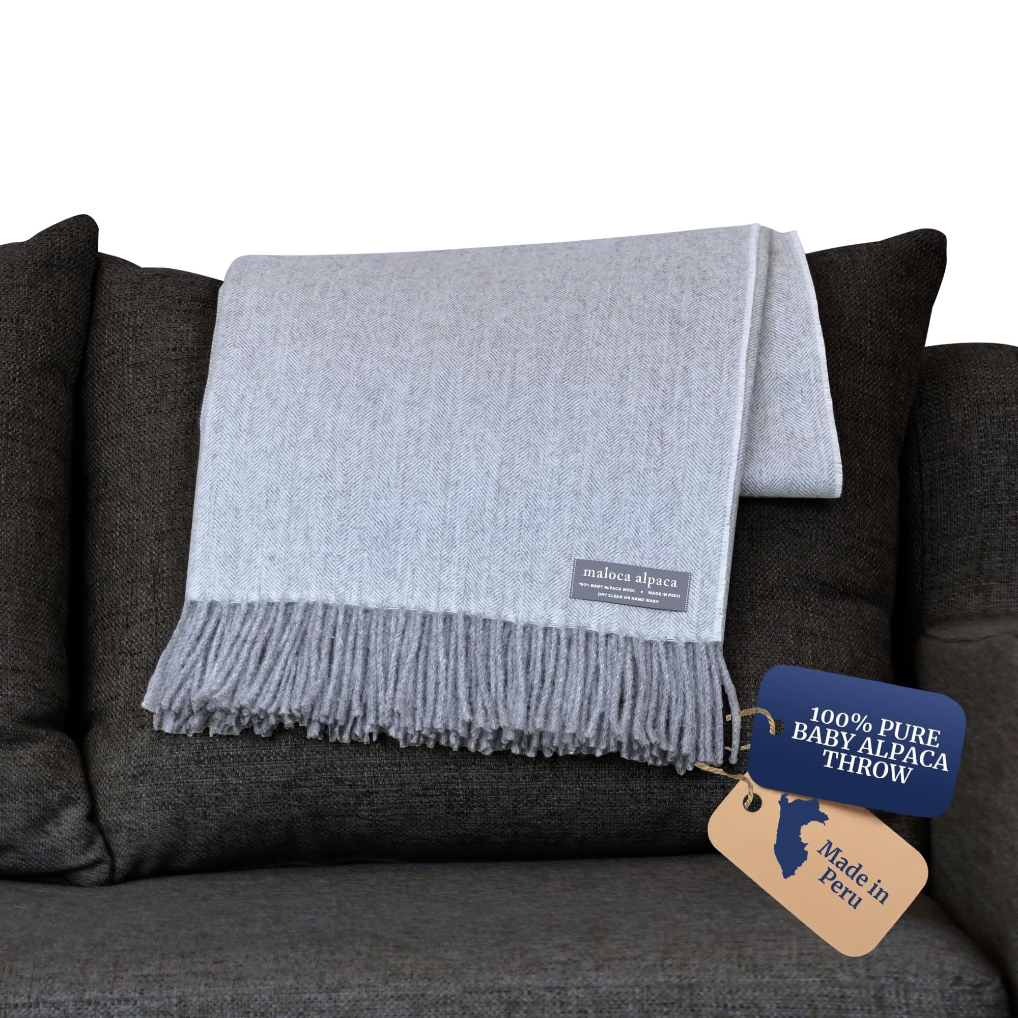 100% Baby Alpaca Wool Herringbone Weave - Limited Production Ethically Sourced Throw Blanket Warmer Than Wool - Decorative Comfy Blanket for Couch, Sofa, or Beds - Light Grey