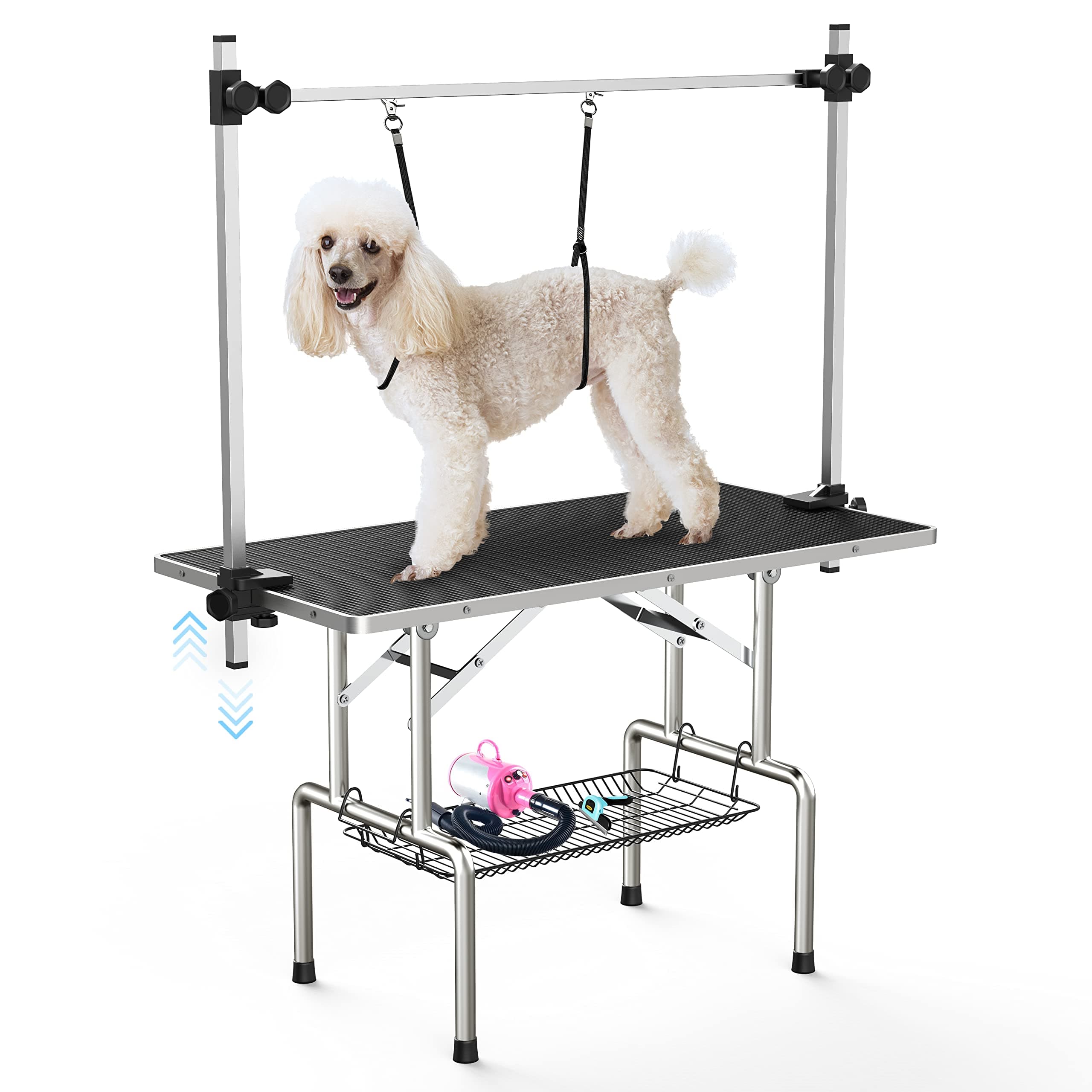 36''Large Dog Grooming Table, Adjustable Cat Drying Desktop with Arms, Nooses, Mesh Tray, Foldable Pet Station at Home, Maximum Capacity Up to 330Lb, 36inch, Black