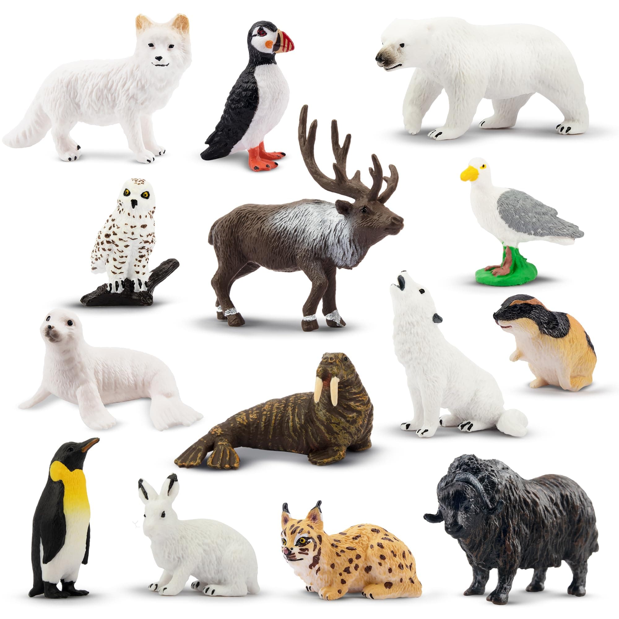 14PCS Mini Arctic Animals Figurines Set, Polar Animals Toys with Polar Bear, Caribou, Penguin, Walrus, Wolf Figurines Cake Toppers Birthday Easter Gifts for Preschool Kids