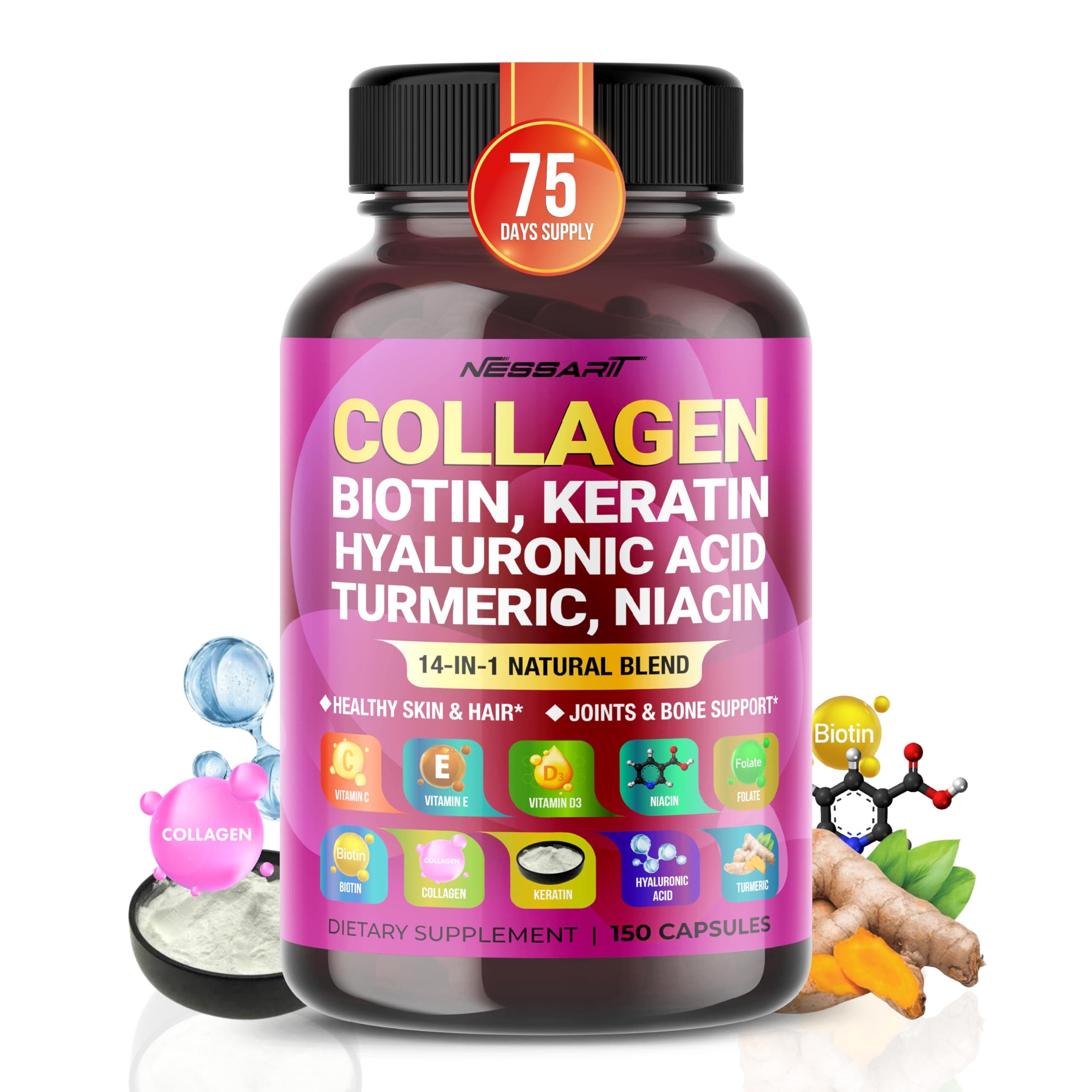 Collagen Supplement - 14-in-1 Natural Blend with Biotin Keratin Hyaluronic Acid Turmeric Niacin Folate Vitamin C, D, E - 150 Count - Made & Tested in The USA